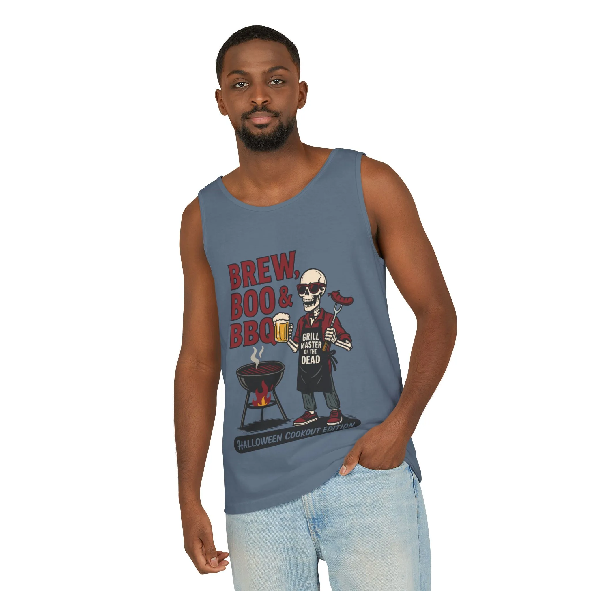 Halloween BBQ Men's Tank Top, Brew Boo & BBQ Skeleton Grill Master, Funny Dad Gift, Grill Master Top, Funny Skeleton Top - Image 16