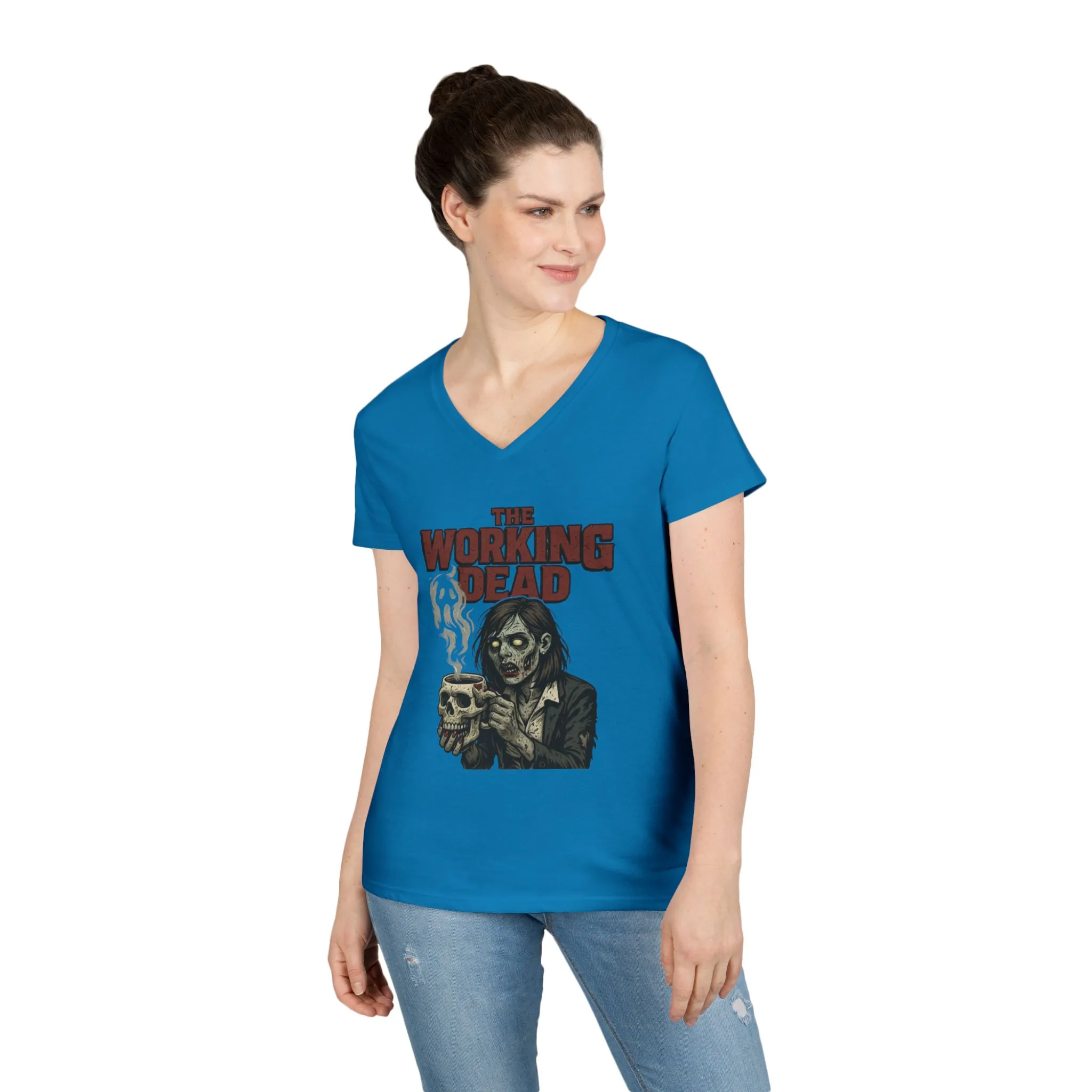 Ladies' V-Neck T-Shirt, The Working Dead Women's Zombie Funny Office T-Shirt, Meeting Humor Tee, Halloween Work Tee