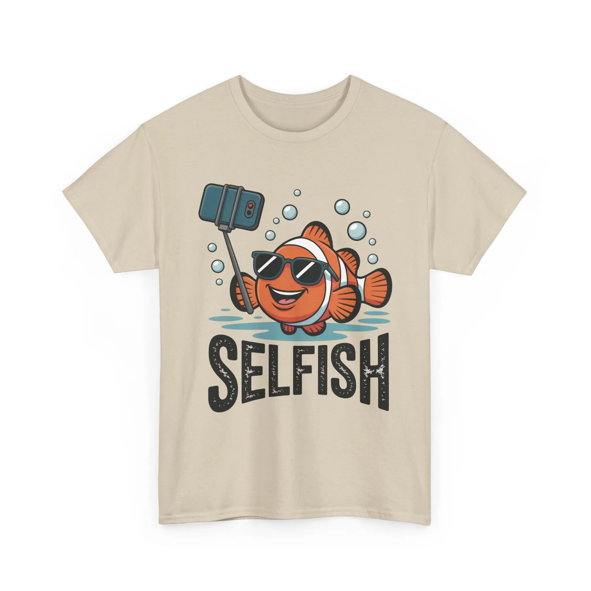Unisex Heavy Cotton Tee, Mens Selfish Funny Fish T-Shirt, Cute Selfie Graphic Tee, Ocean Humor Shirt - Image 2