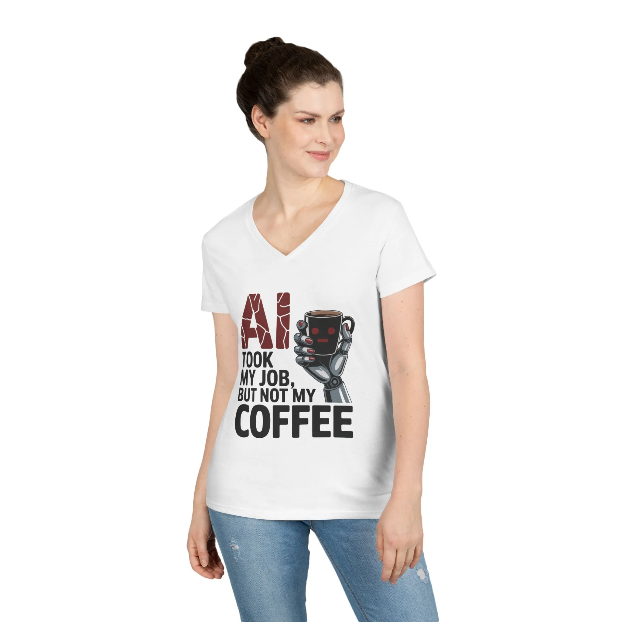 Ladies' V-Neck T-Shirt, Women's AI Coffee T-Shirt, Funny Robot Job Humor Tee, Geek Sarcastic Gift for Her, Sarcastic Work Shirt - Image 6