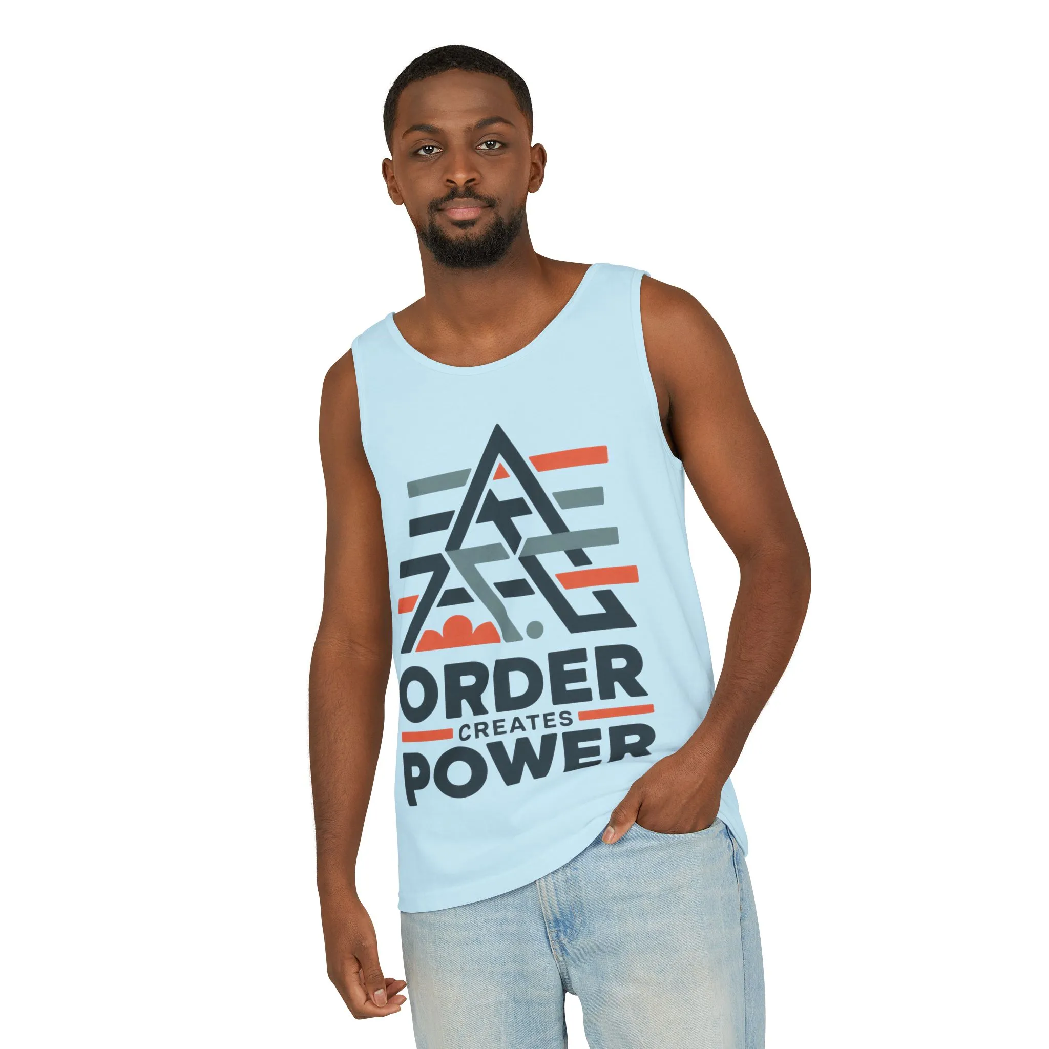 Mens Garment-Dyed Tank Top, Mens Tank Top Order Creates Power, Minimal Geometric Motivational Graphic Summer Shirt - Image 18