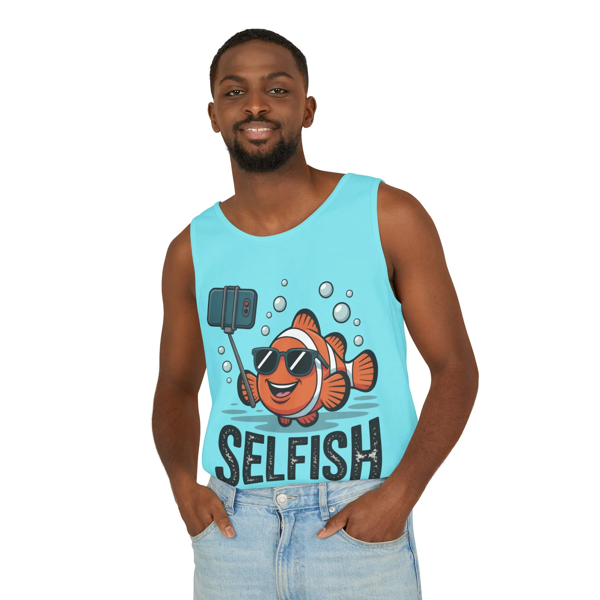 Mens Garment-Dyed Tank Top, Mens Selfish Funny Fish Tank Top, Cute Selfie Graphic Shirt, Ocean Humor Top - Image 18