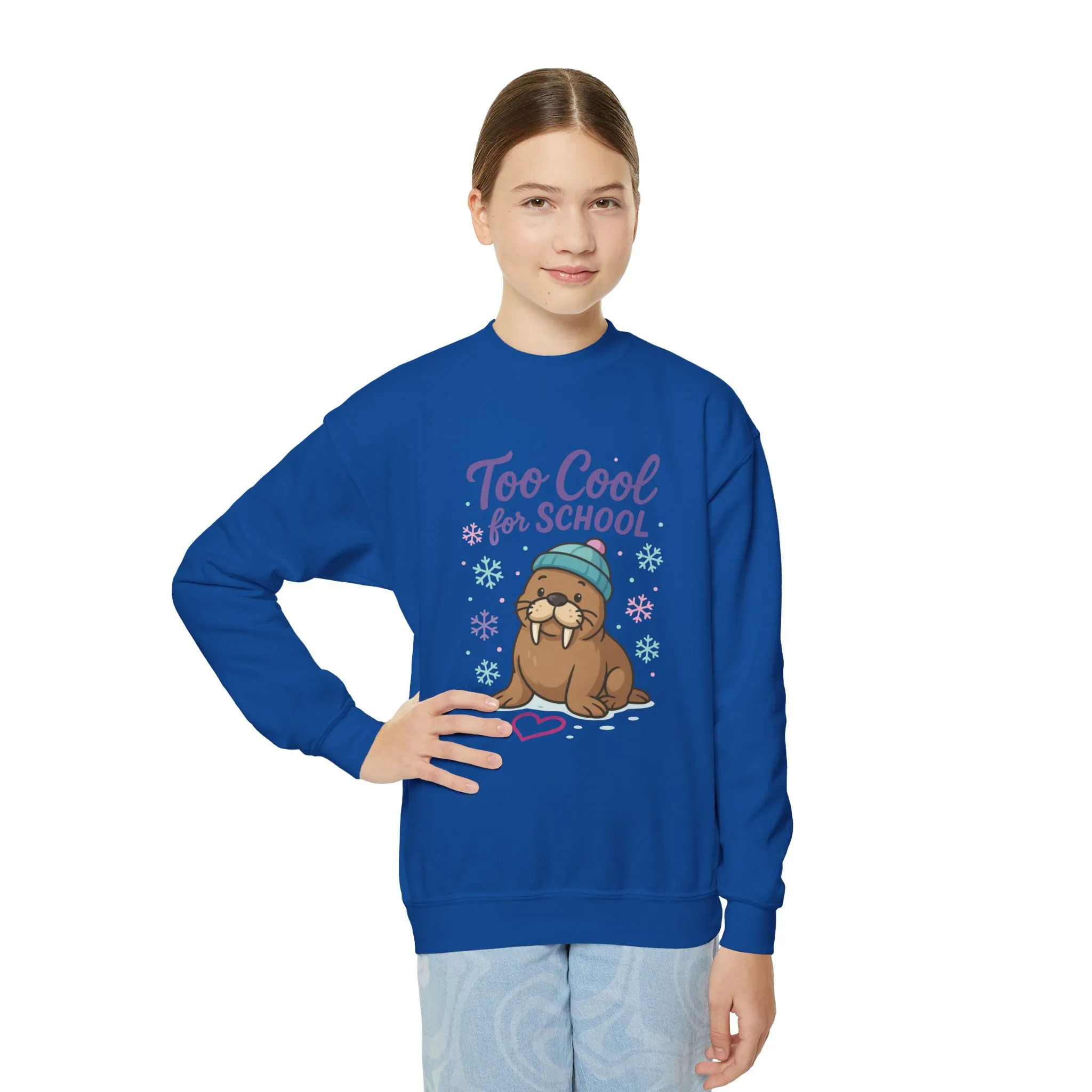 Youth Crewneck Sweatshirt, Kids Too Cool for School Walrus Sweatshirt, Funny Animal Pullover, Cute Winter Top - Image 17