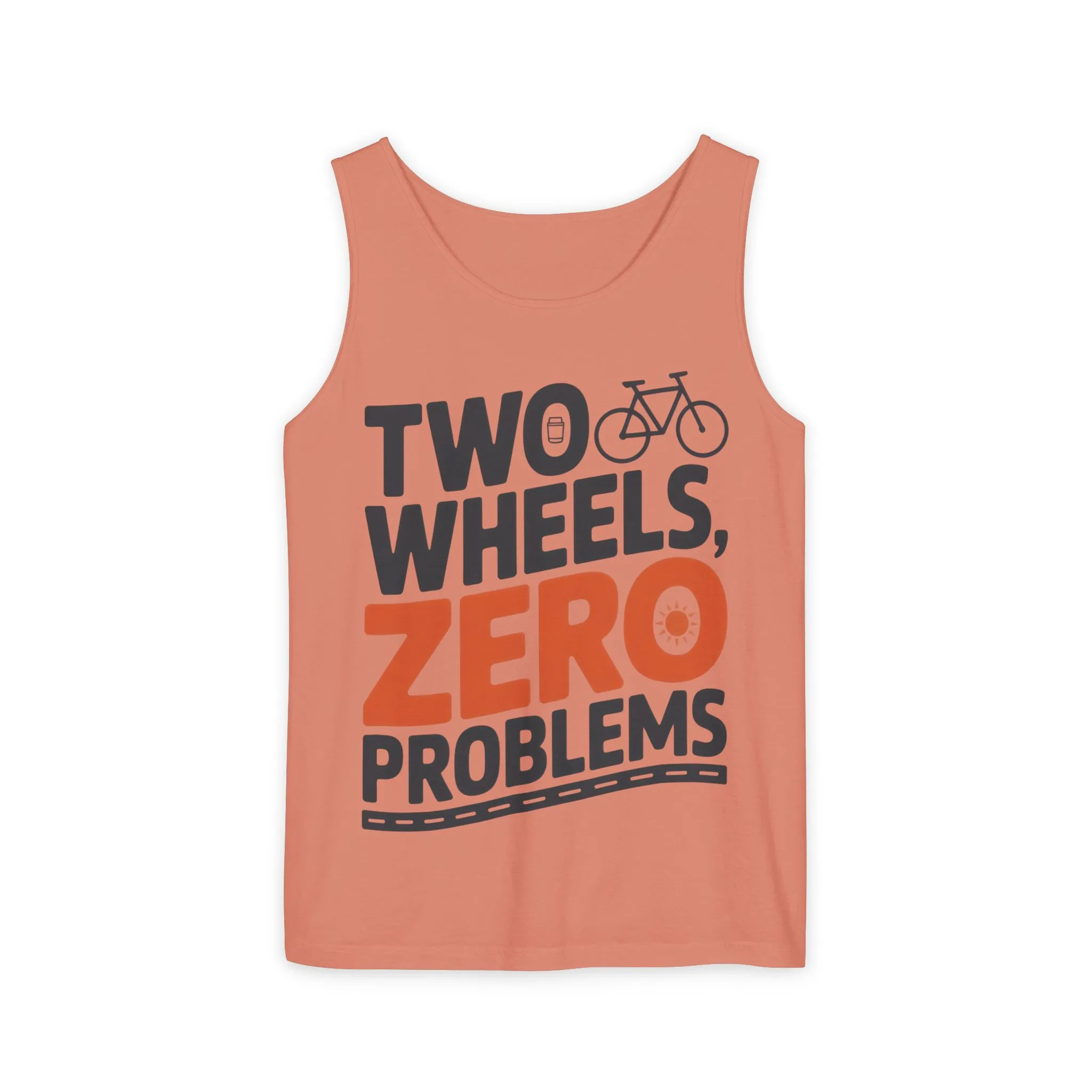 Mens Garment-Dyed Tank Top, Two Wheels Zero Problems Mens Cycling Graphic Tank, Gift for Cyclists - Image 3