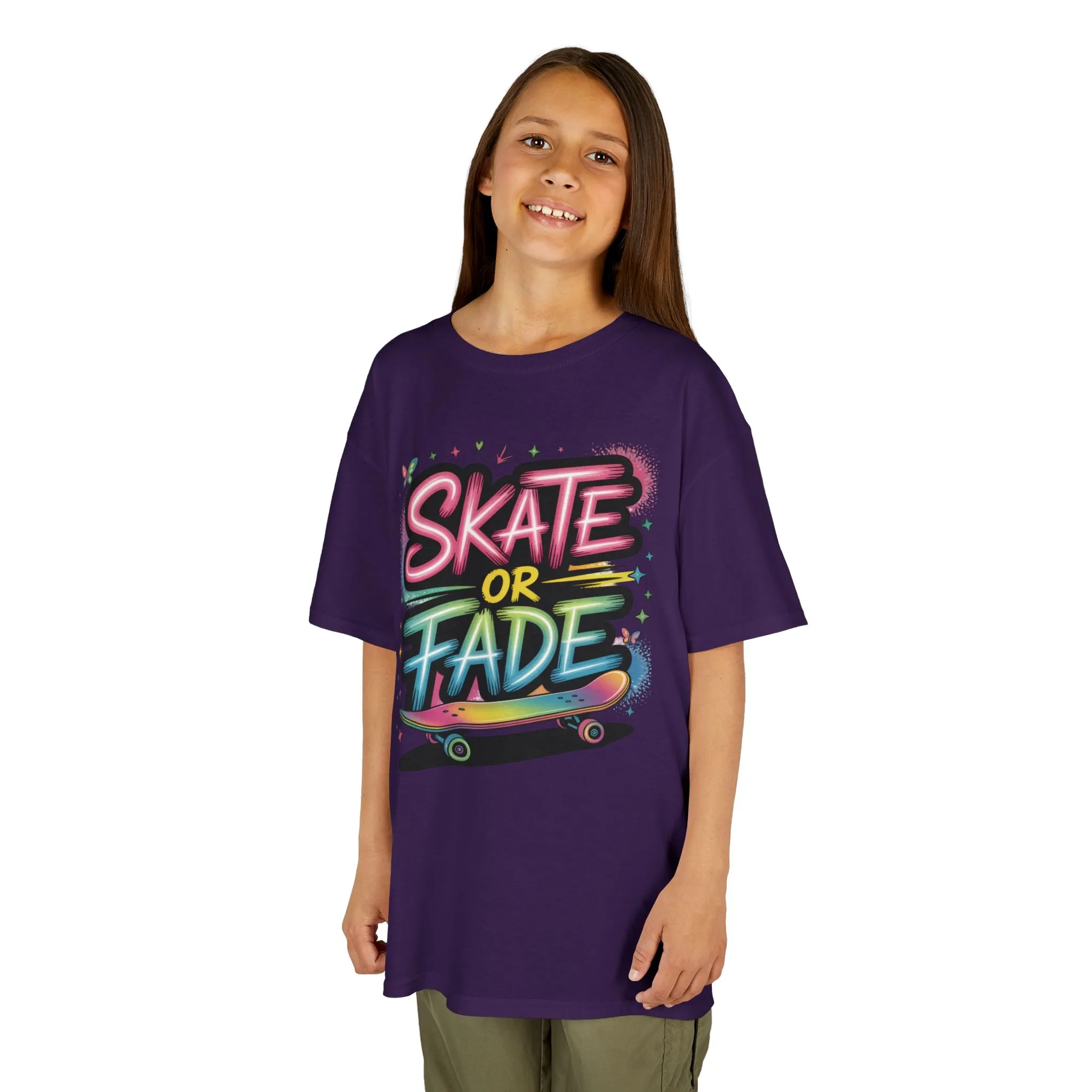 Skate Or Fade Girls Shirt, Colorful Graffiti Skateboarding Tee, Kids Heavy Cotton™ Tee - Image 19