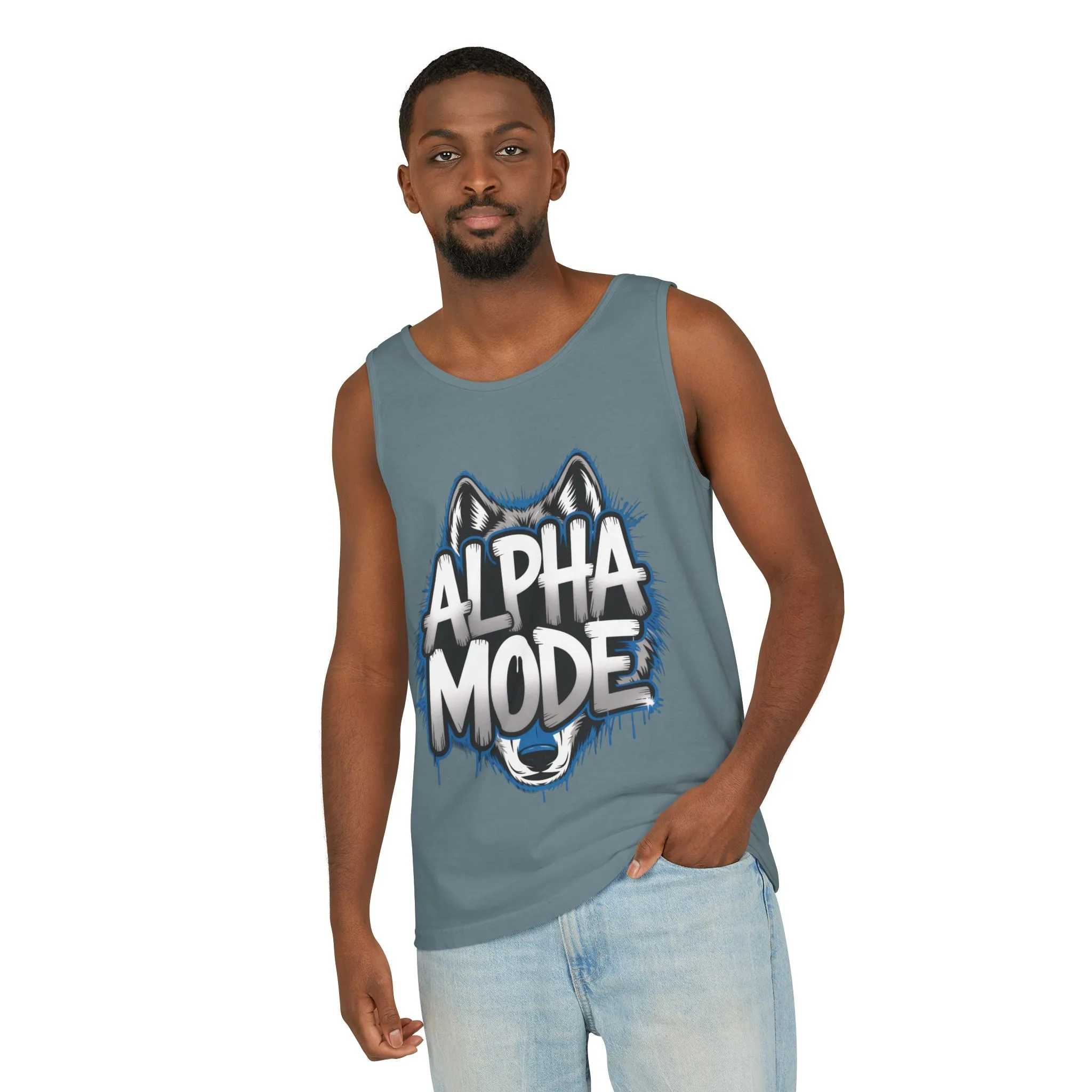 Mens Garment-Dyed Tank Top, Alpha Mode Wolf Graphic Mens Tank Top Gym Wear - Image 20