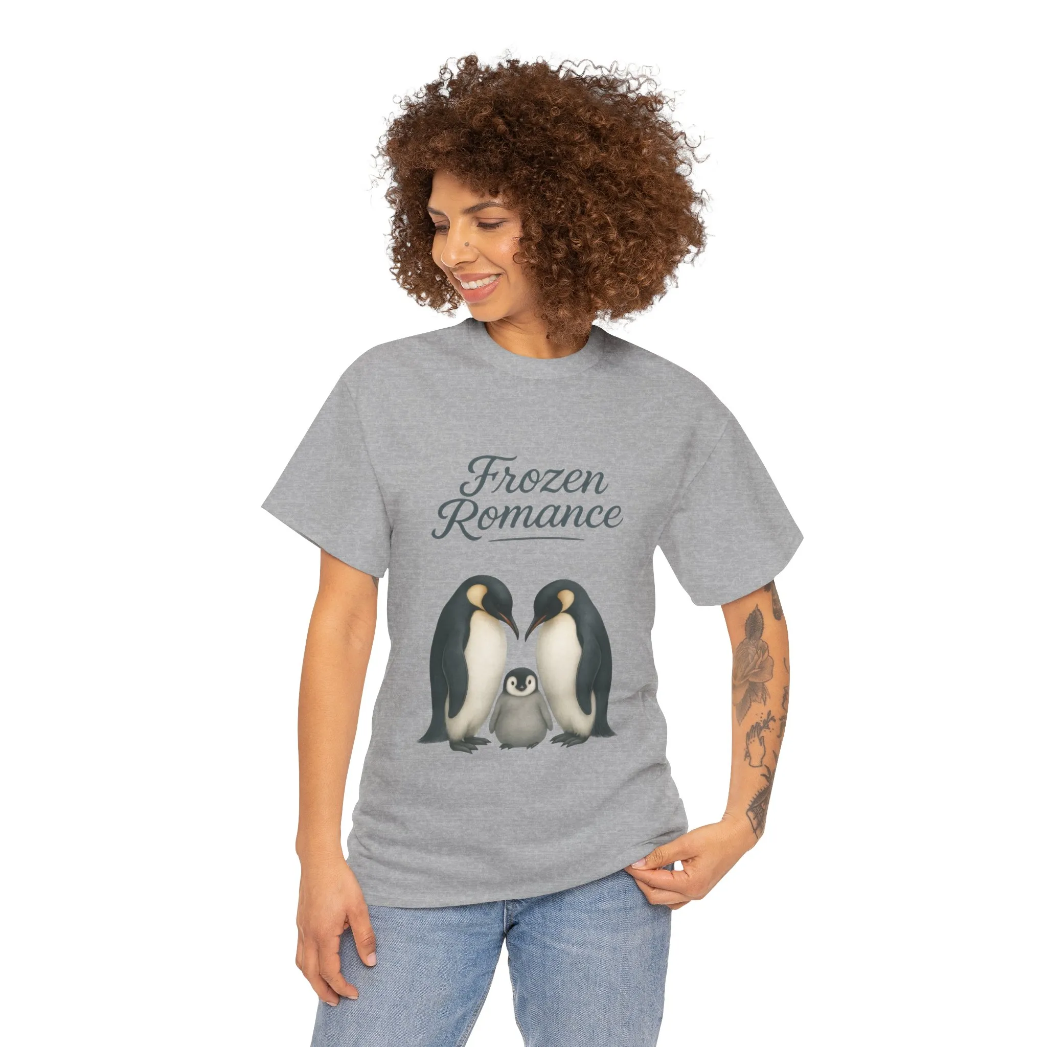 Womens Heavy Cotton Tee, Womens Frozen Romance Penguin T-Shirt, Cute Animal Graphic Tee, Love Birds Shirt Gift - Image 11