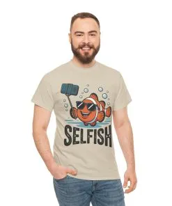 Unisex Heavy Cotton Tee, Mens Selfish Funny Fish T-Shirt, Cute Selfie Graphic Tee, Ocean Humor Shirt