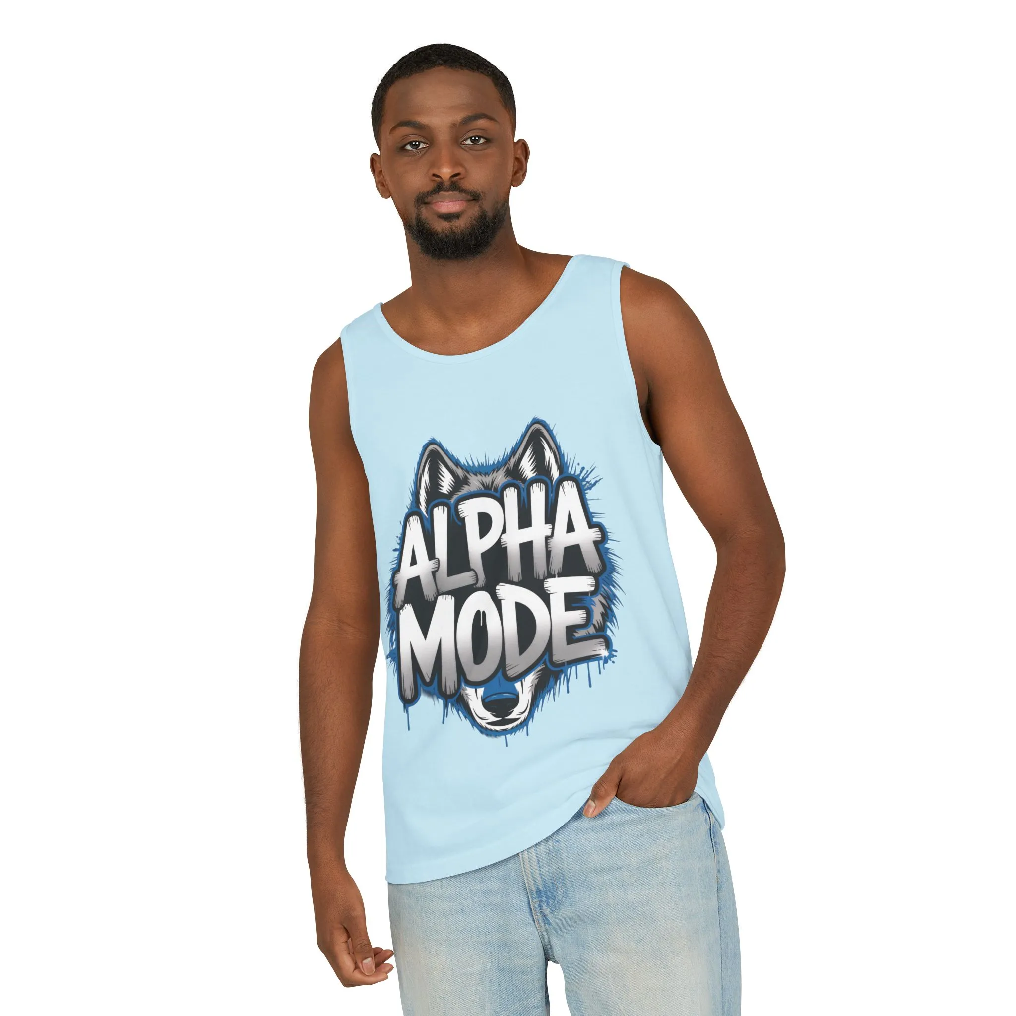 Mens Garment-Dyed Tank Top, Alpha Mode Wolf Graphic Mens Tank Top Gym Wear - Image 11