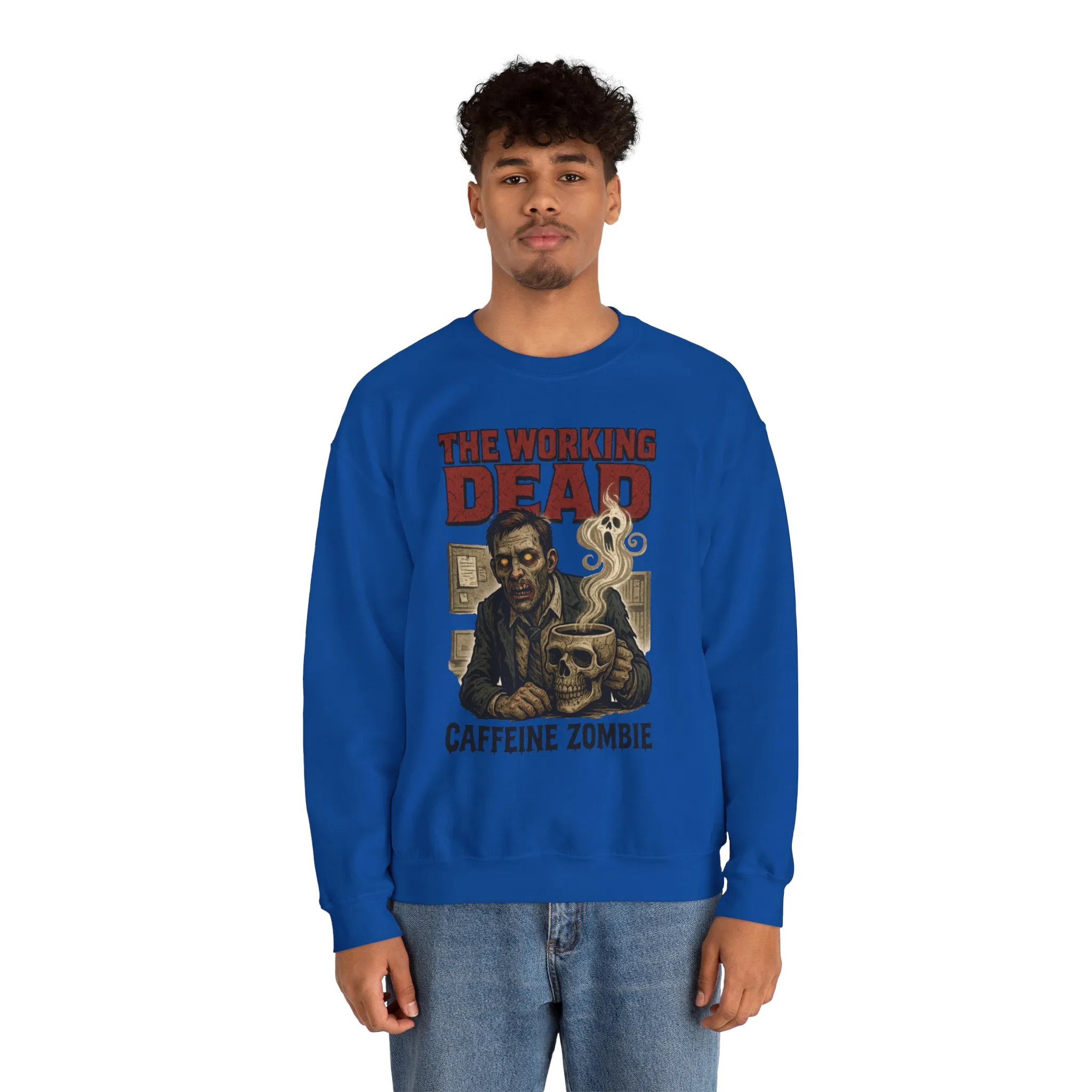 The Working Dead Men's Funny Zombie Sweatshirt, Office Humor Crewneck, Halloween Zombie Top, Coffee Zombie Sweatshirt - Image 23
