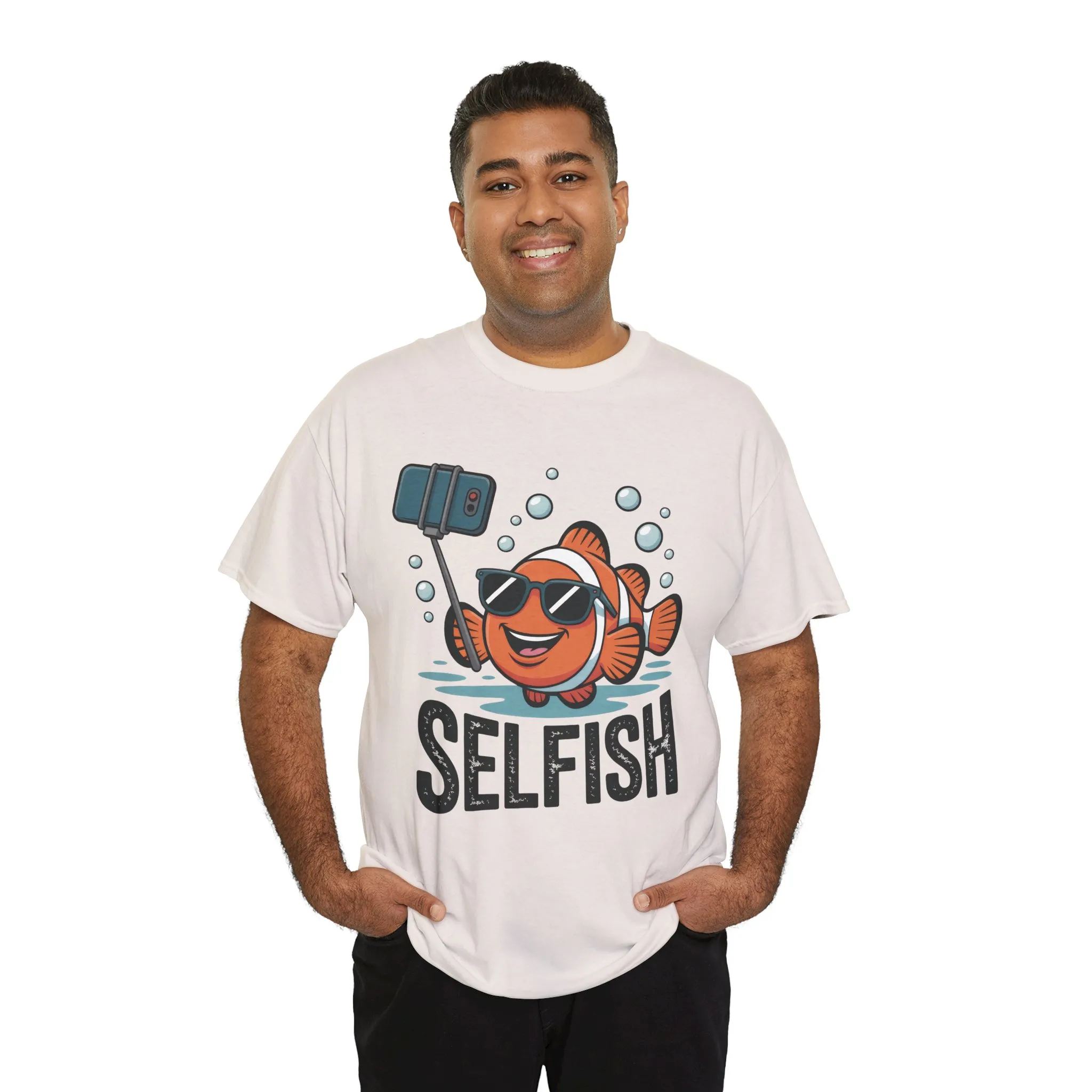Unisex Heavy Cotton Tee, Mens Selfish Funny Fish T-Shirt, Cute Selfie Graphic Tee, Ocean Humor Shirt - Image 9