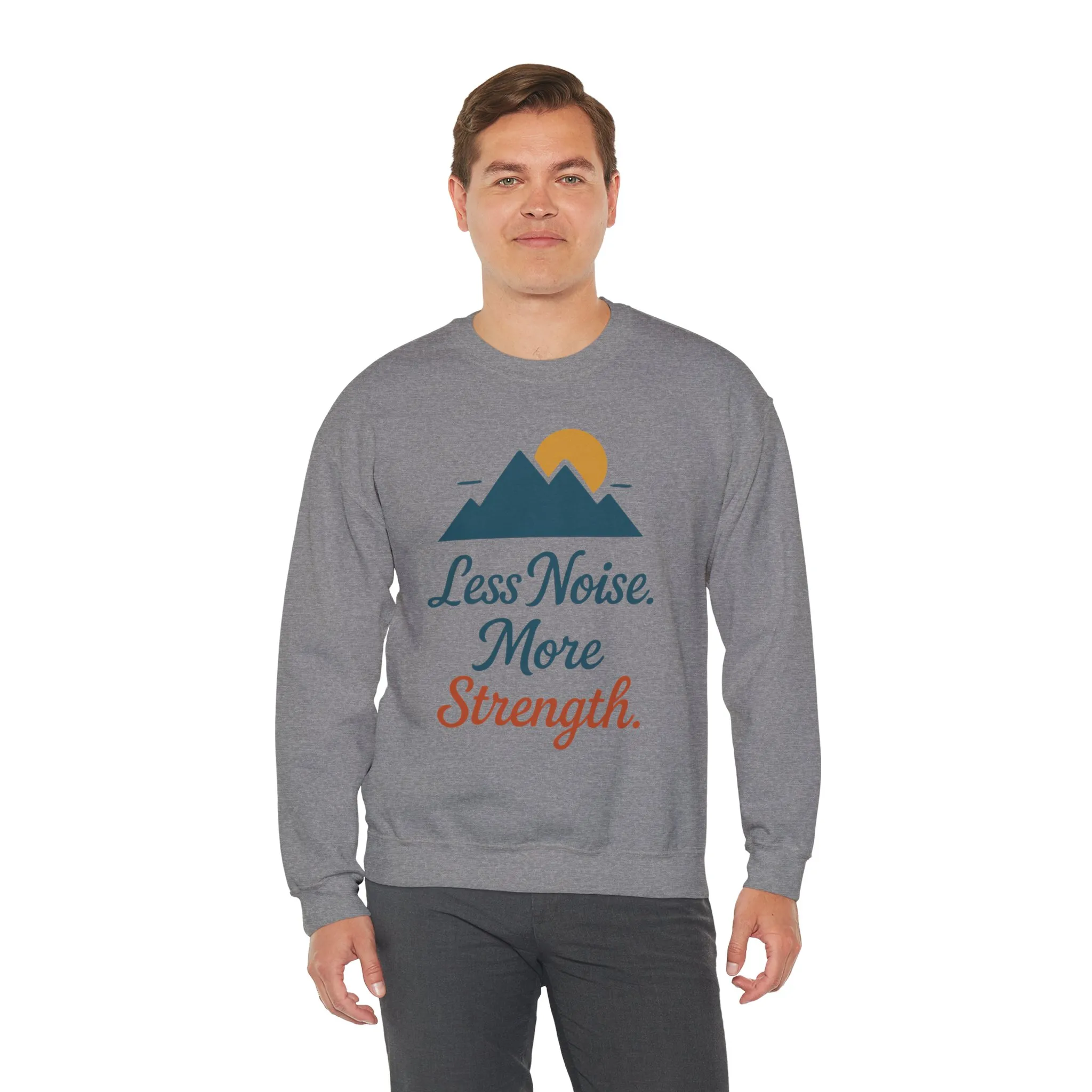 Mens Less Noise More Strength Sweatshirt, Motivational Mountain Pullover Top, Mens Heavy Blend™ Crewneck Sweatshirt - Image 15