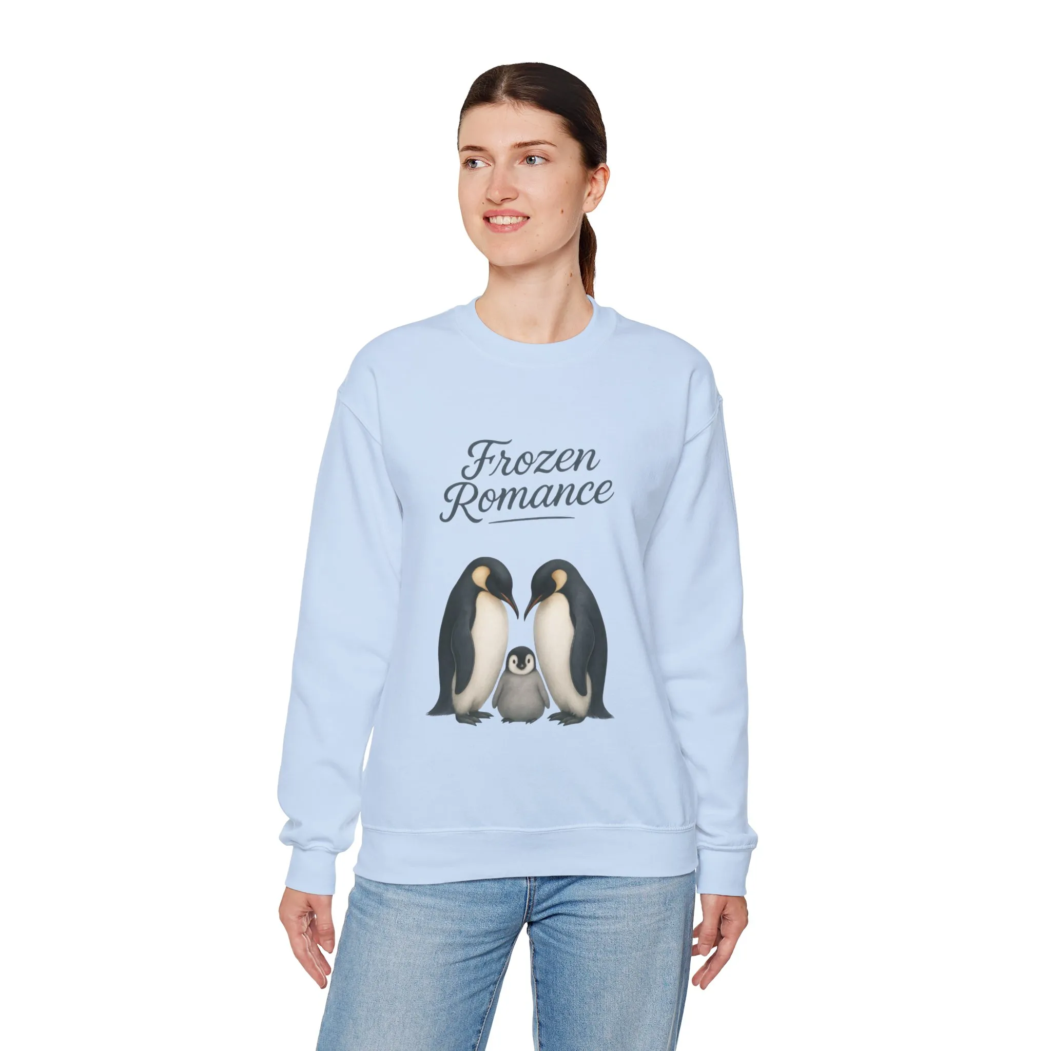 Womens Heavy Blend™ Crewneck Sweatshirt, Womens Frozen Romance Penguin Sweatshirt, Cute Animal Pullover, Romantic Graphic Top - Image 3