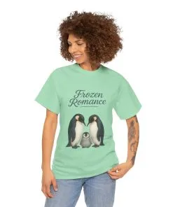 Womens Heavy Cotton Tee, Womens Frozen Romance Penguin T-Shirt, Cute Animal Graphic Tee, Love Birds Shirt Gift
