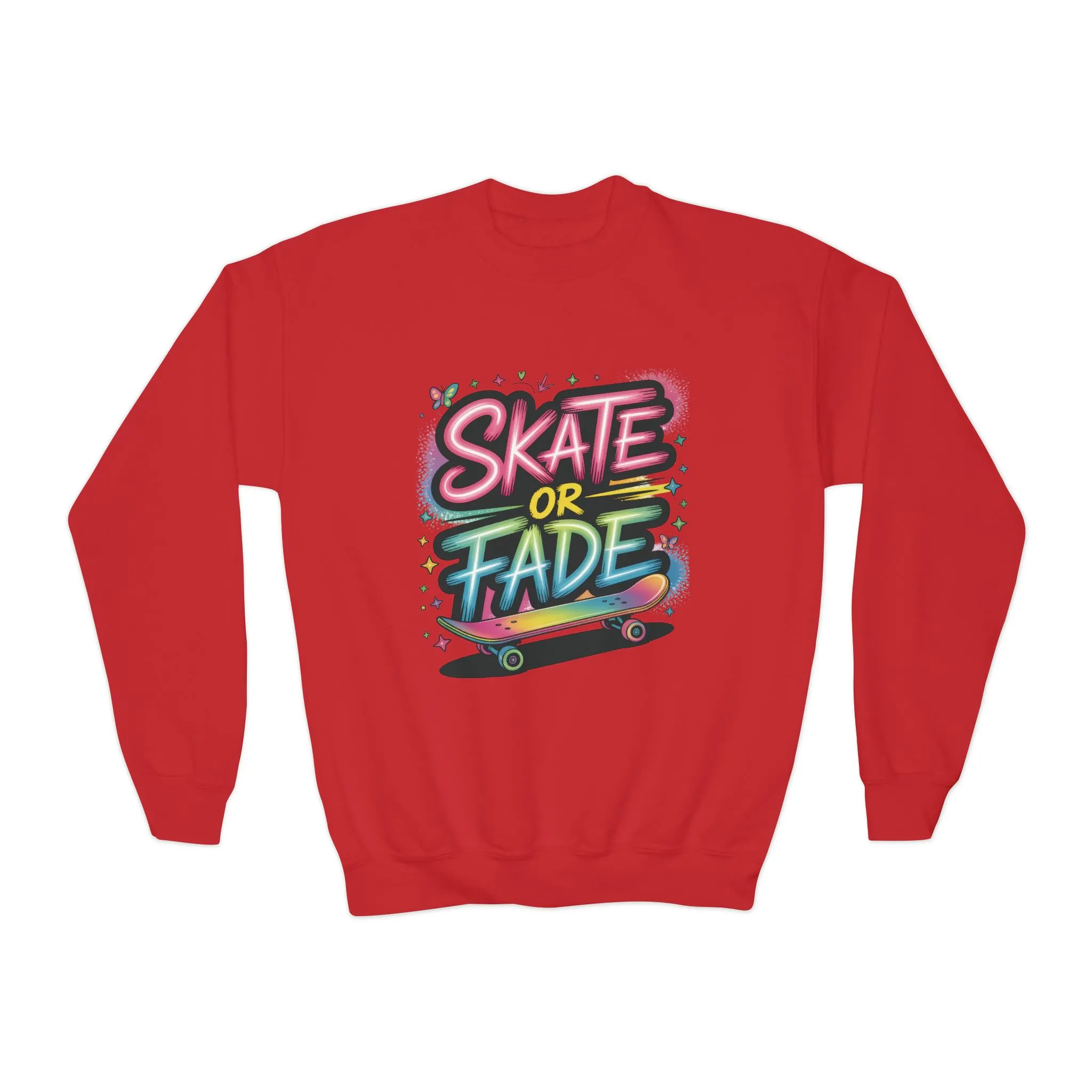 Youth Crewneck Sweatshirt, Skate Or Fade Girls Sweatshirt, Colorful Graffiti Skateboarding Crewneck Sweatshirt, Youth Streetwear Gift - Image 2