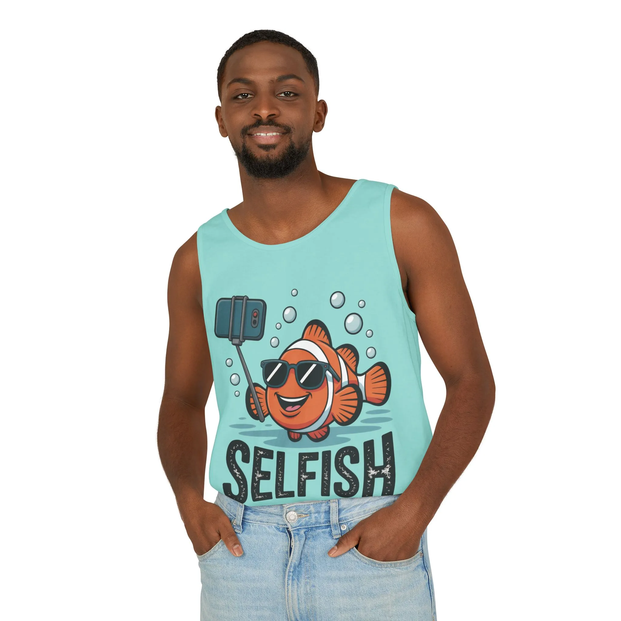 Mens Garment-Dyed Tank Top, Mens Selfish Funny Fish Tank Top, Cute Selfie Graphic Shirt, Ocean Humor Top - Image 15