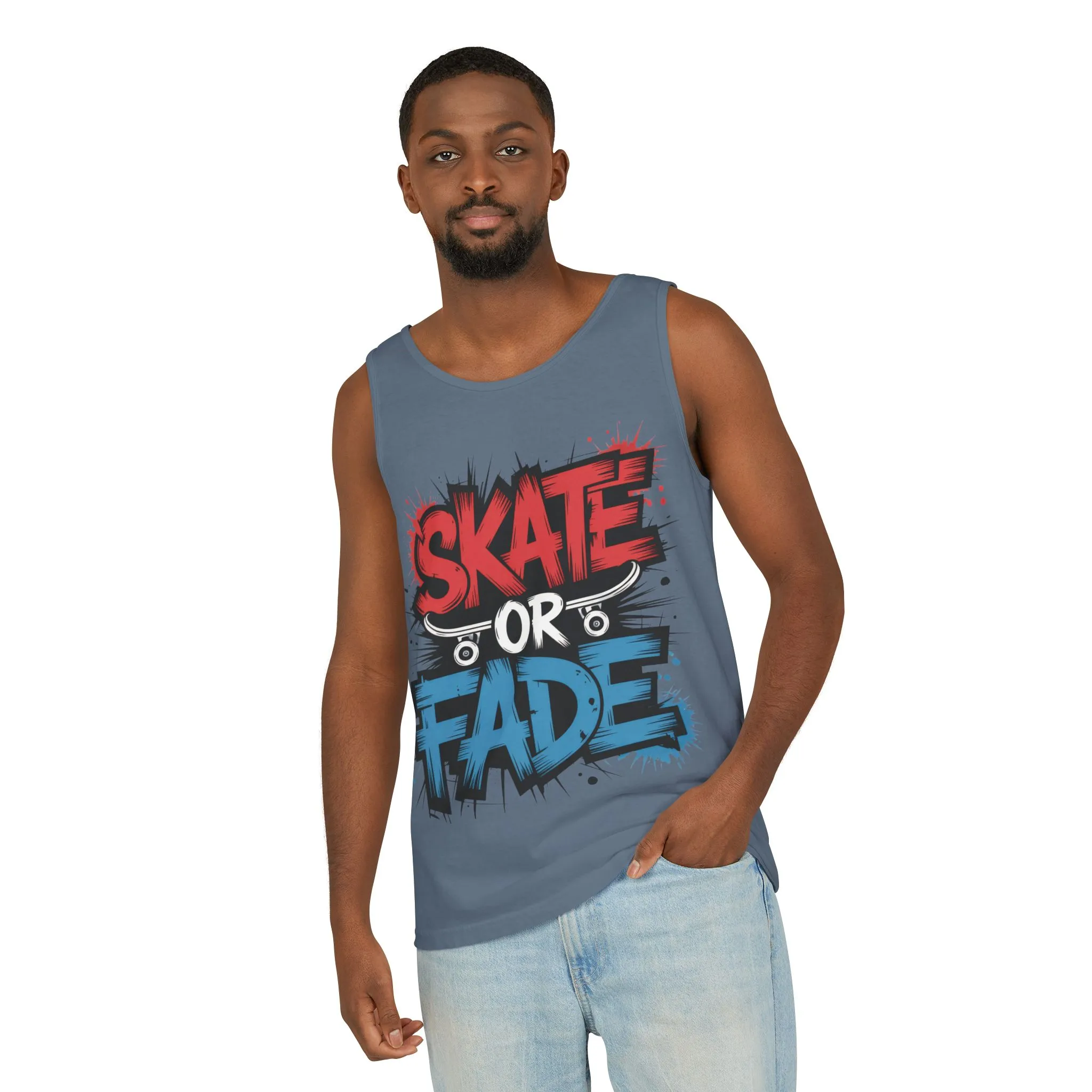 Skate Or Fade Men's Tank Top, Graffiti Skateboard Graphic Muscle Shirt, Urban Streetwear Sleeveless Top, Men's Garment-Dyed Tank Top - Image 15