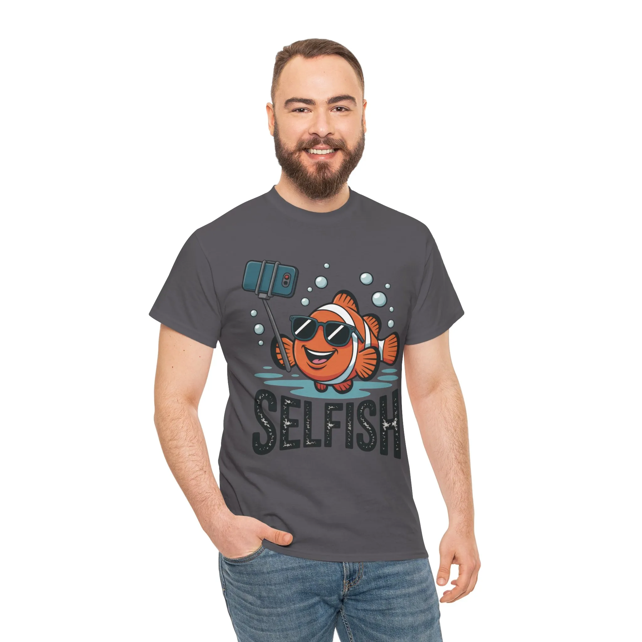 Unisex Heavy Cotton Tee, Mens Selfish Funny Fish T-Shirt, Cute Selfie Graphic Tee, Ocean Humor Shirt - Image 23
