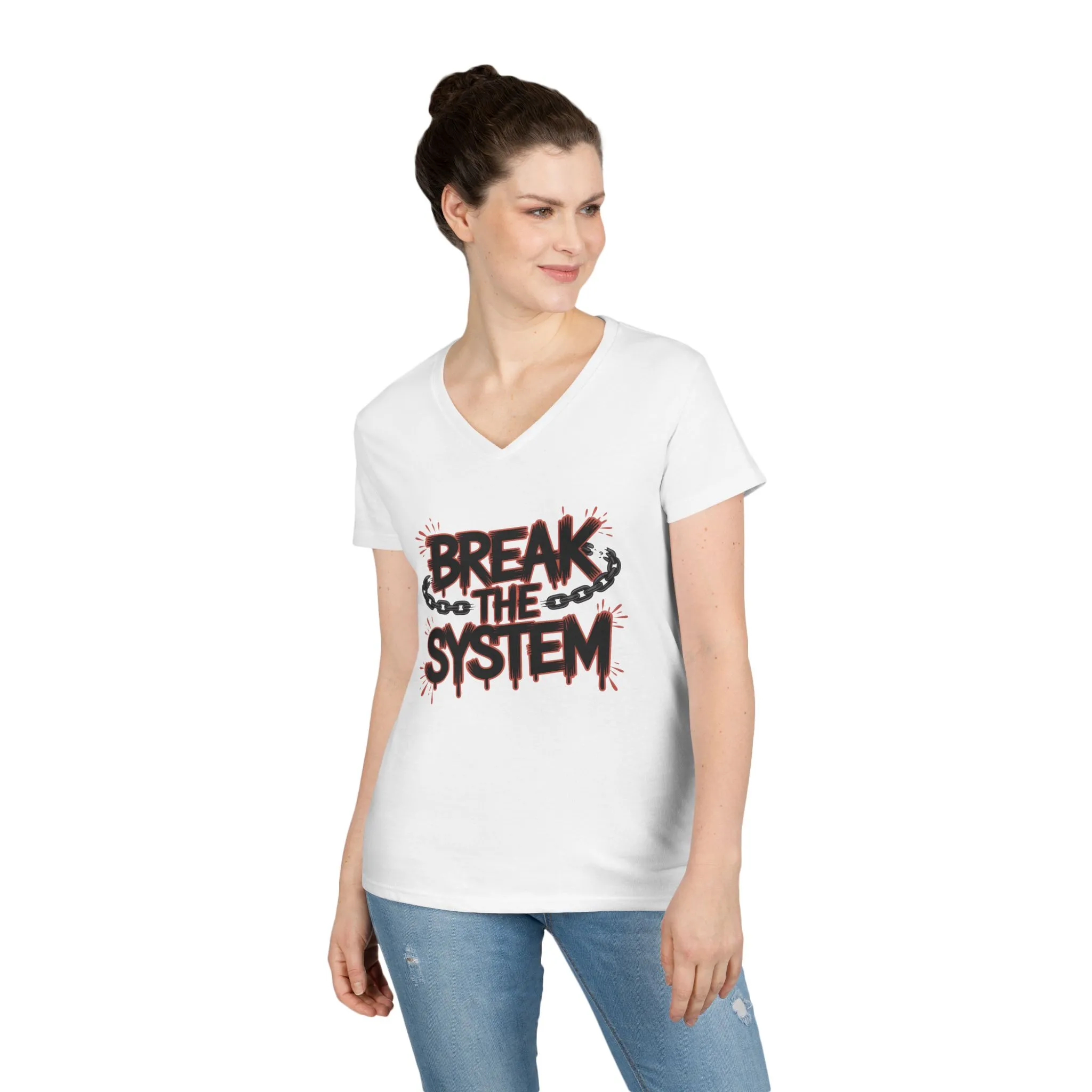 Ladies' V-Neck T-Shirt, Women's Graphic Tee, Break the System Shirt, Feminist Protest T-Shirt, Streetwear Gift for Her - Image 6