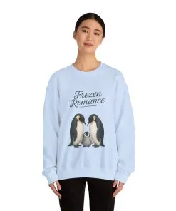 Womens Heavy Blend™ Crewneck Sweatshirt, Womens Frozen Romance Penguin Sweatshirt, Cute Animal Pullover, Romantic Graphic Top
