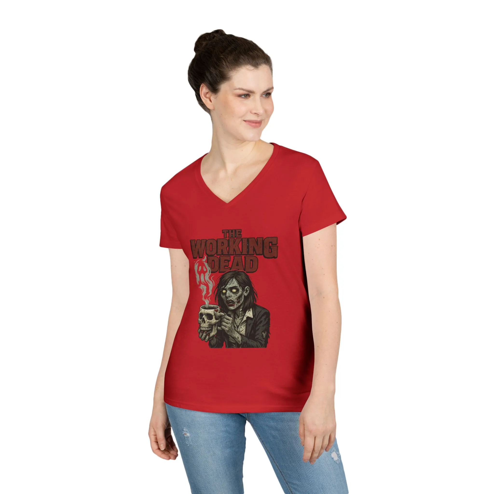 Ladies' V-Neck T-Shirt, The Working Dead Women's Zombie Funny Office T-Shirt, Meeting Humor Tee, Halloween Work Tee - Image 27