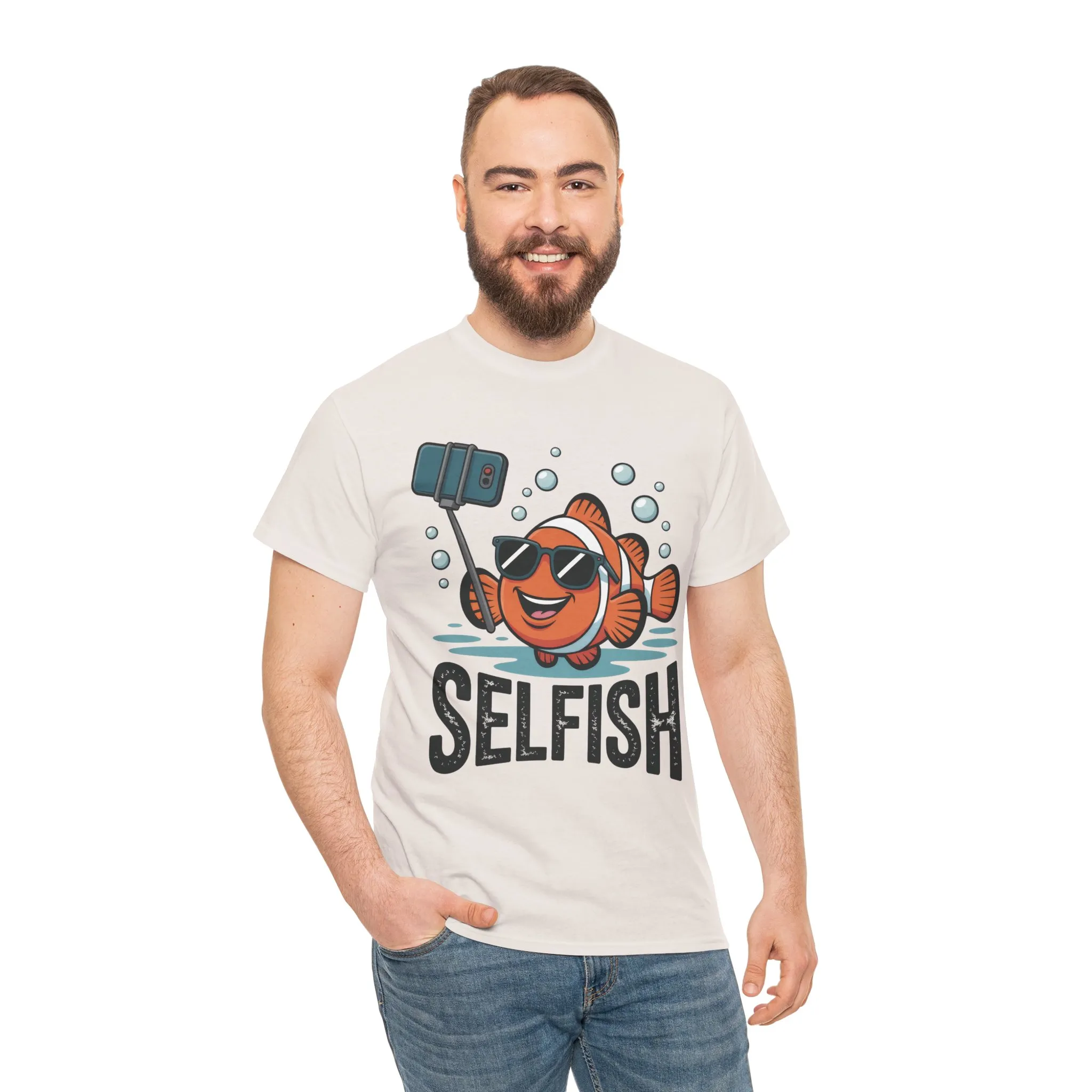 Unisex Heavy Cotton Tee, Mens Selfish Funny Fish T-Shirt, Cute Selfie Graphic Tee, Ocean Humor Shirt - Image 8