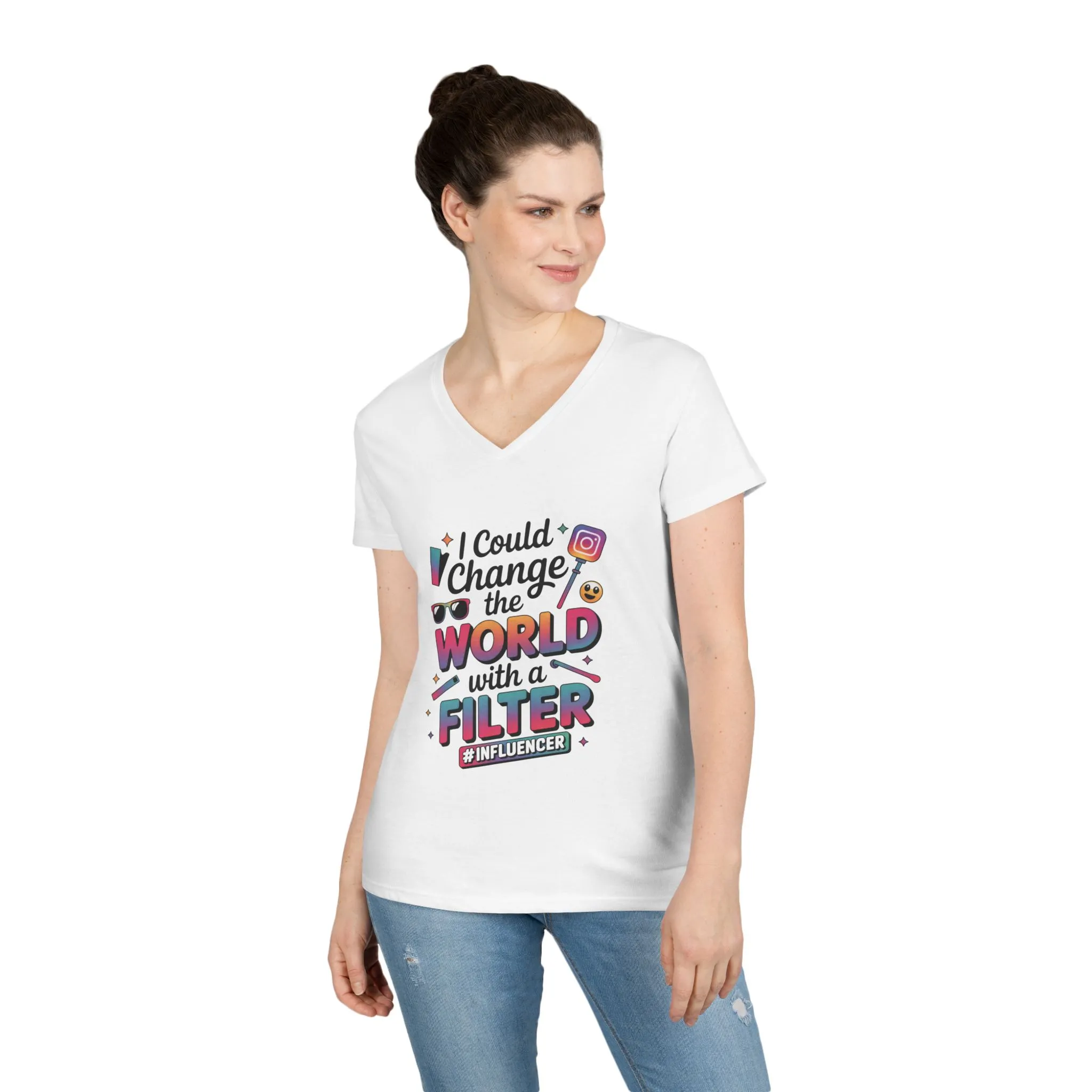 Ladies' V-Neck T-Shirt, Womens Influencer T-Shirt, Funny Social Media Graphic Tee, Cute Trendy Top