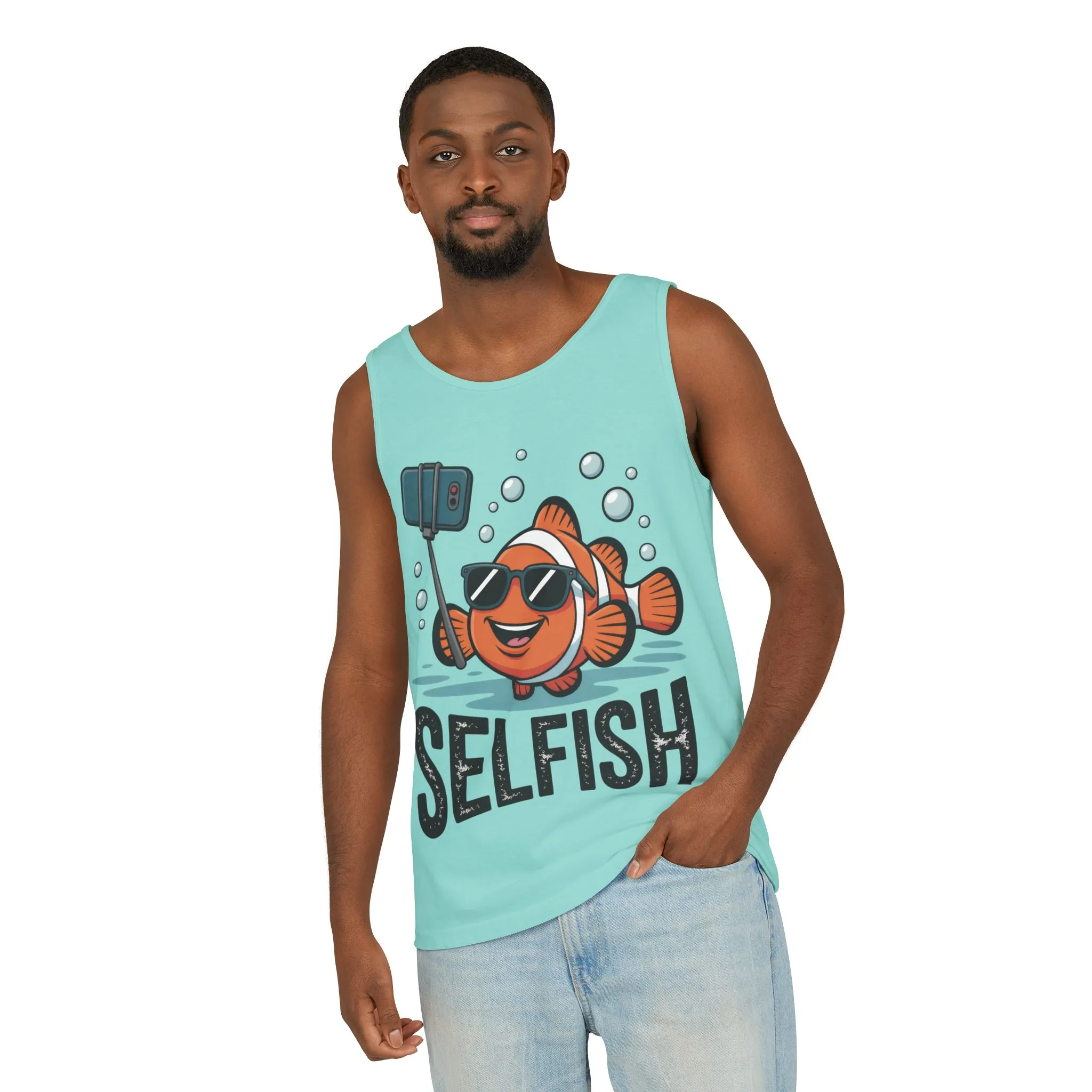 Mens Garment-Dyed Tank Top, Mens Selfish Funny Fish Tank Top, Cute Selfie Graphic Shirt, Ocean Humor Top - Image 14