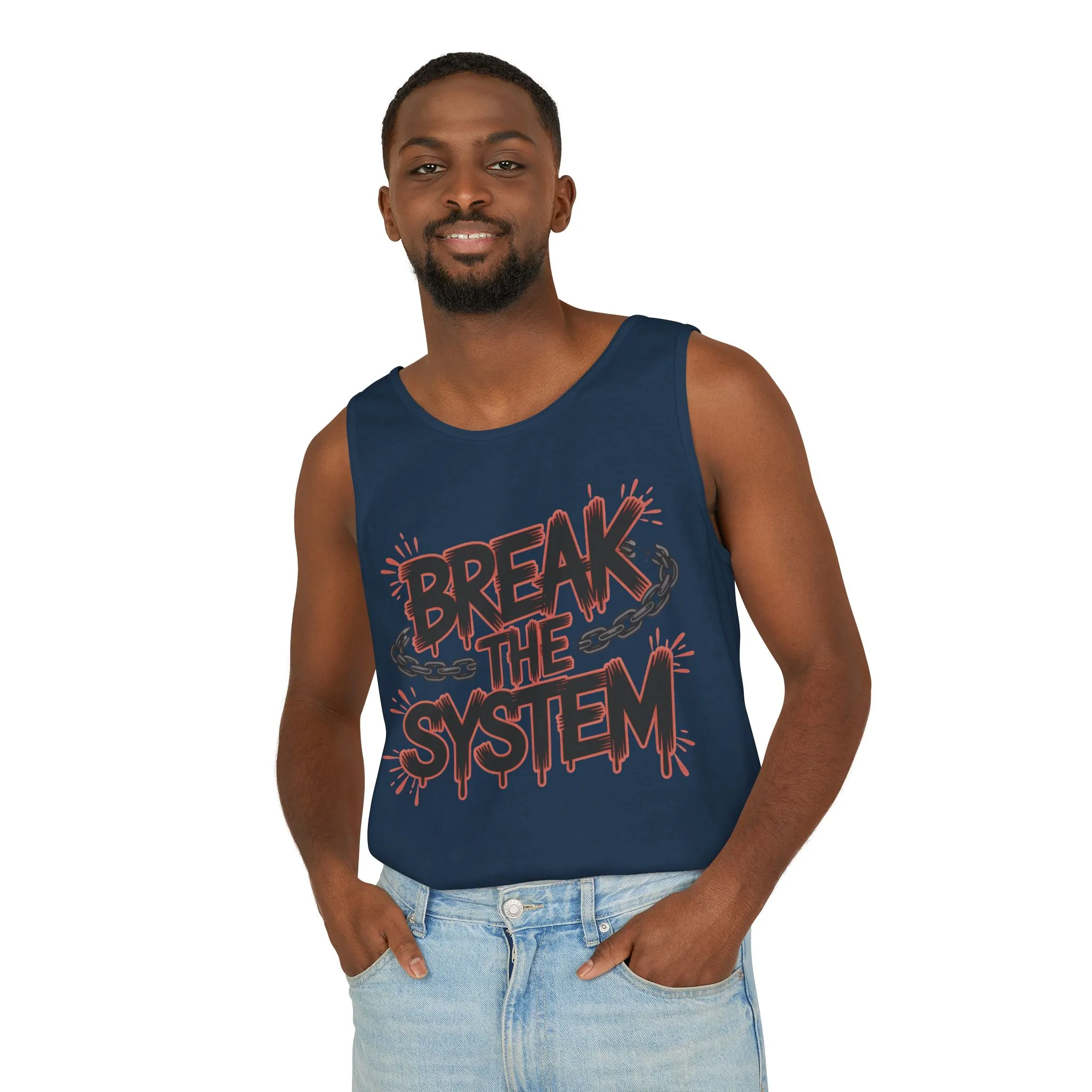 Men's Garment-Dyed Tank Top, Break the System Tank Top, Graphic Protest Muscle Tee, Streetwear Activist Summer Top - Image 24
