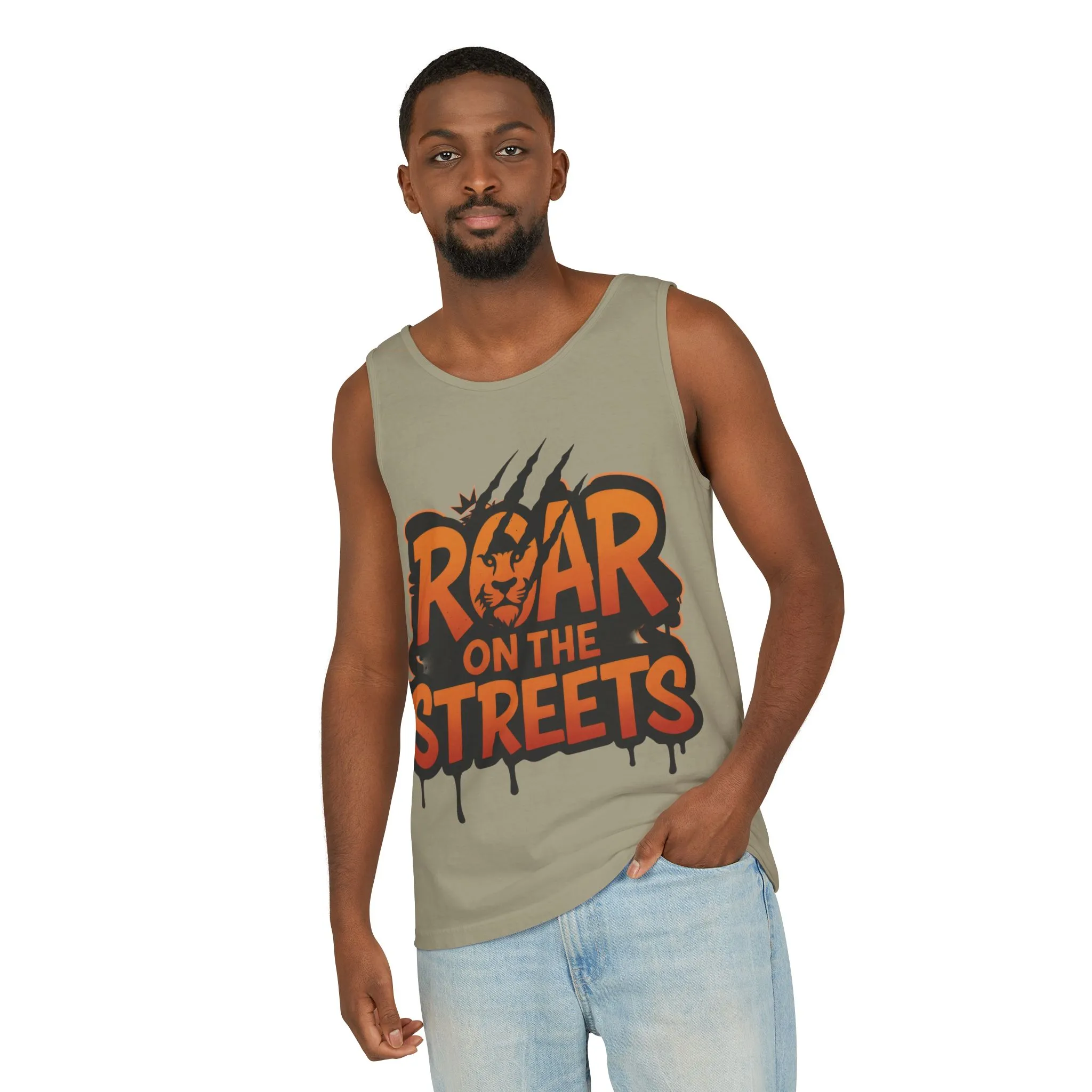 Mens Garment-Dyed Tank Top, Roar on the Streets Lion Graphic Mens Tank Top - Image 4