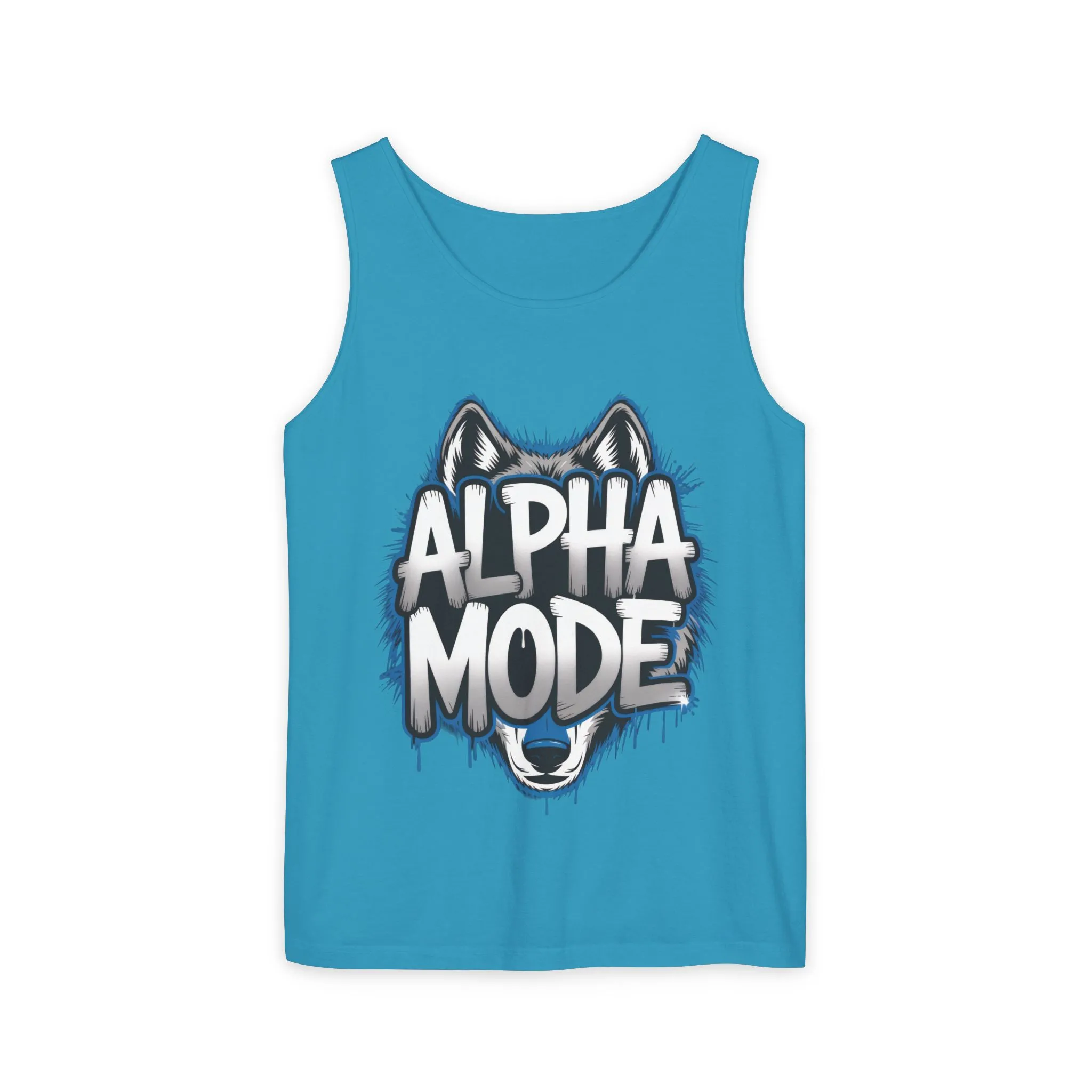 Mens Garment-Dyed Tank Top, Alpha Mode Wolf Graphic Mens Tank Top Gym Wear - Image 2