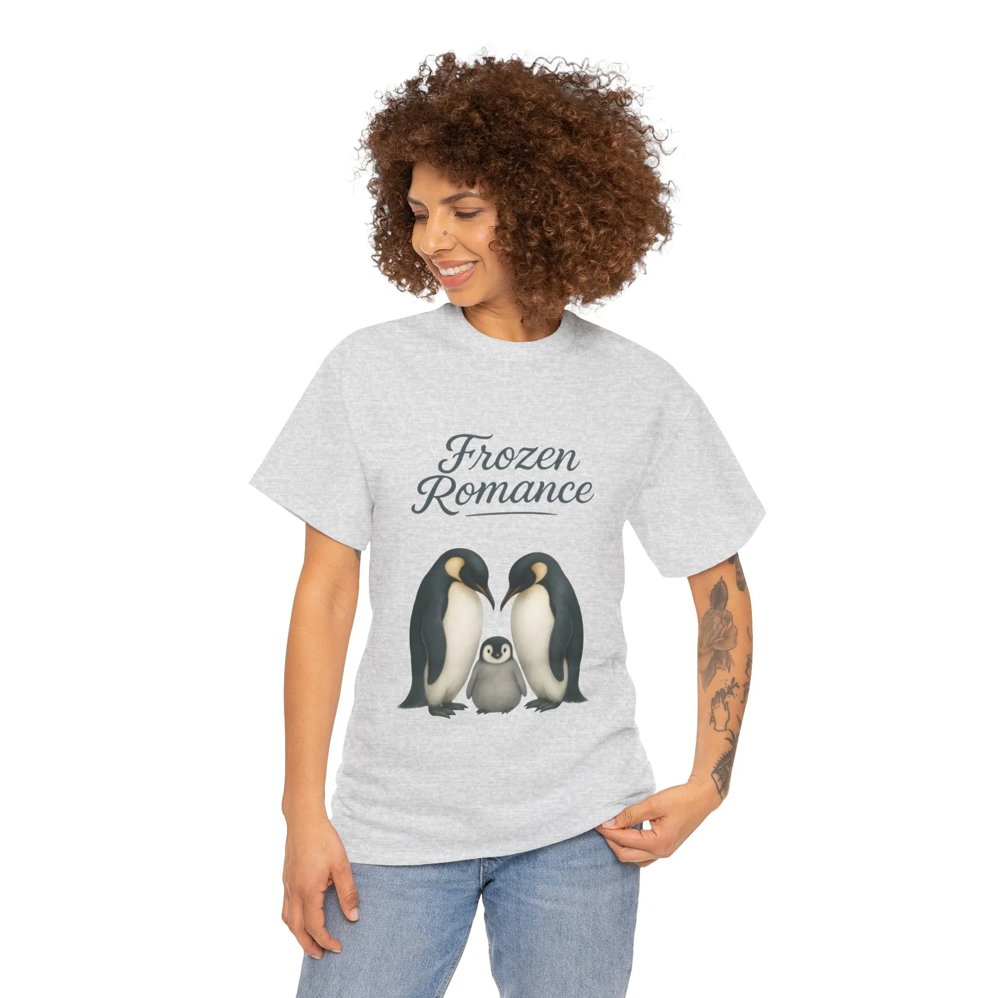 Womens Heavy Cotton Tee, Womens Frozen Romance Penguin T-Shirt, Cute Animal Graphic Tee, Love Birds Shirt Gift - Image 5