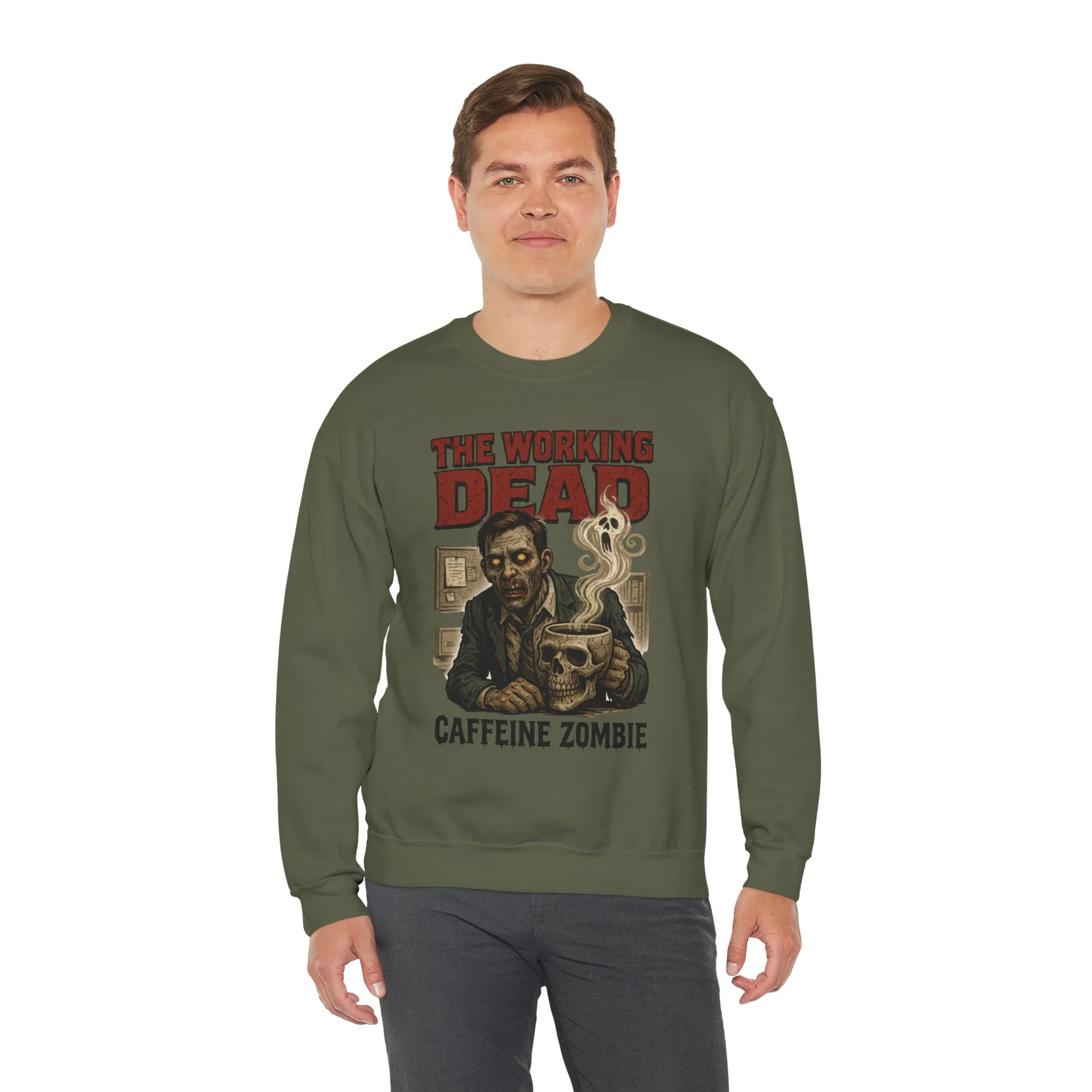 The Working Dead Men's Funny Zombie Sweatshirt, Office Humor Crewneck, Halloween Zombie Top, Coffee Zombie Sweatshirt - Image 12