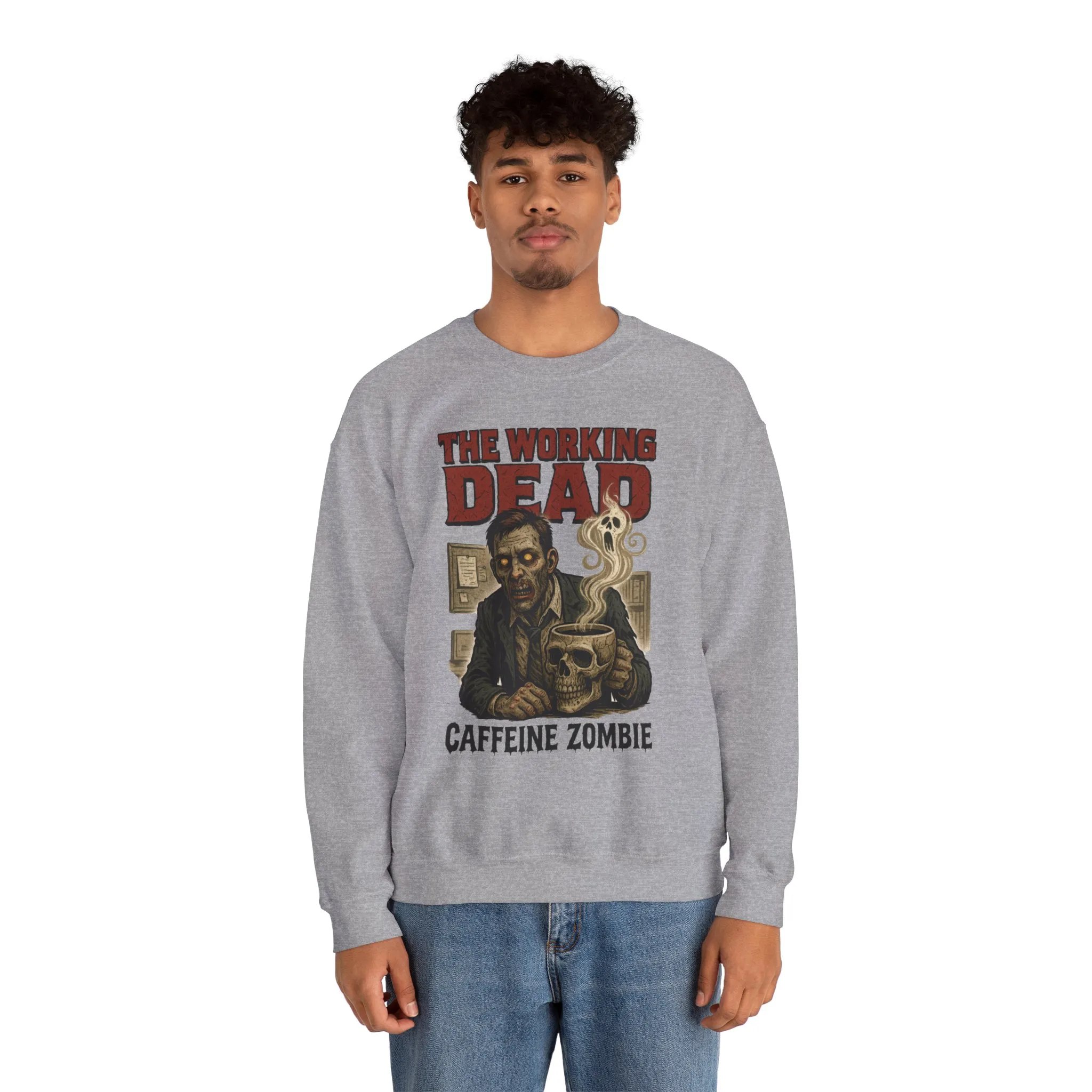 The Working Dead Men's Funny Zombie Sweatshirt, Office Humor Crewneck, Halloween Zombie Top, Coffee Zombie Sweatshirt - Image 8