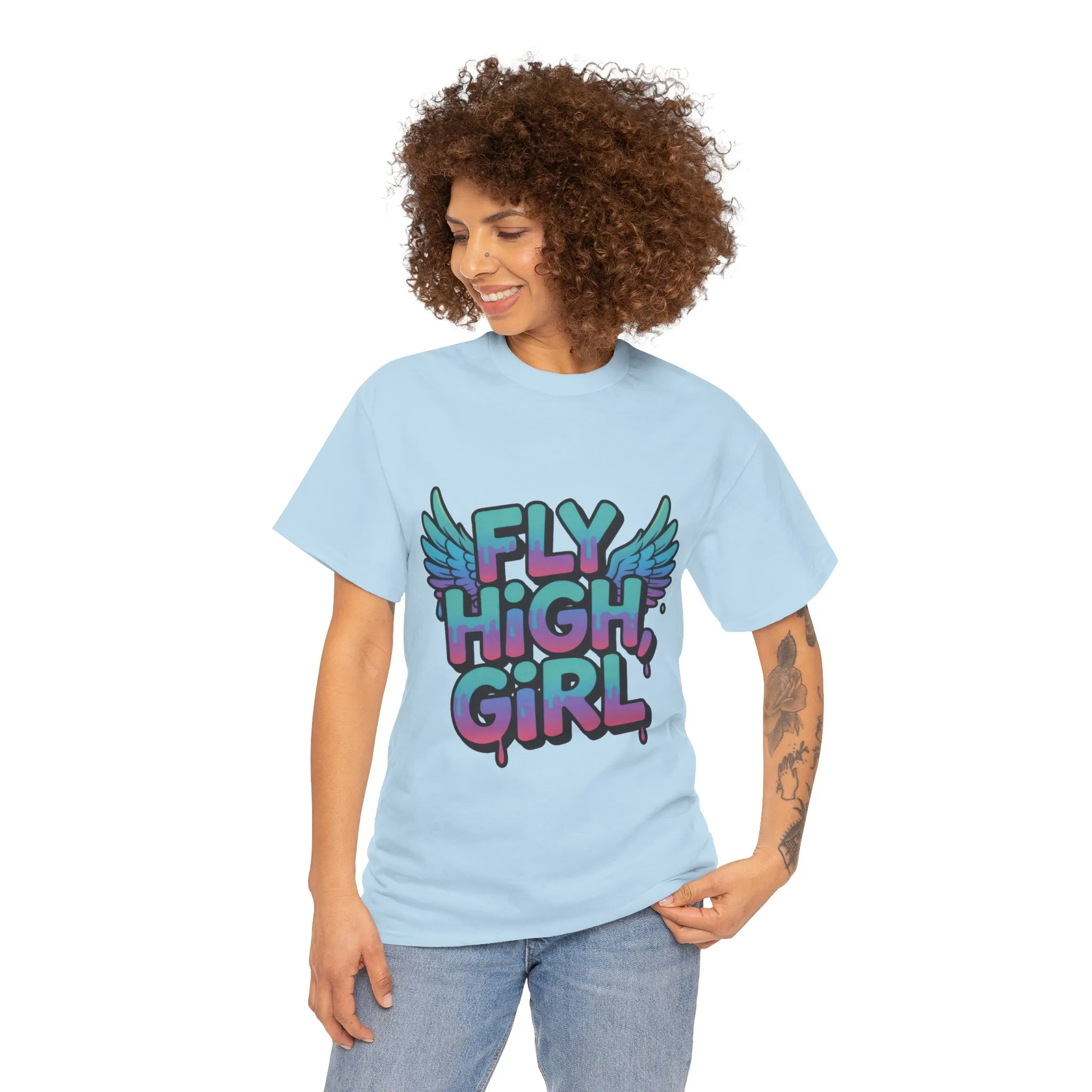 Women's Graphic Tee Fly High Girl, Angel Wings Graffiti Drip T-Shirt, Bold Streetwear Top - Image 11