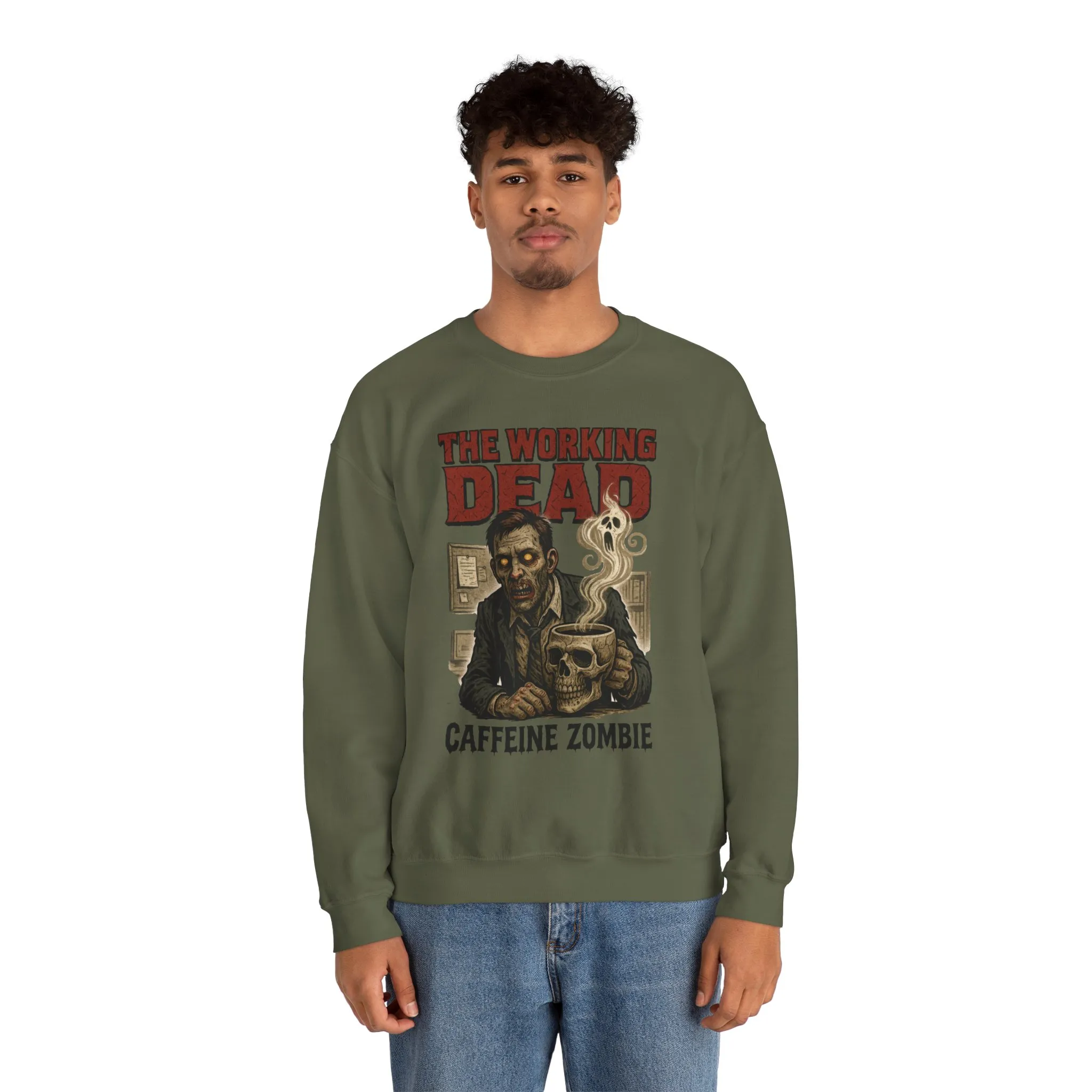 The Working Dead Men's Funny Zombie Sweatshirt, Office Humor Crewneck, Halloween Zombie Top, Coffee Zombie Sweatshirt - Image 11