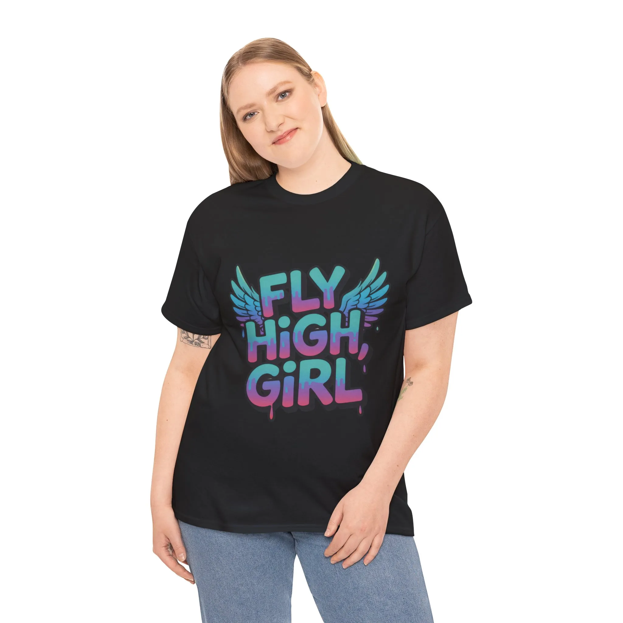 Women's Graphic Tee Fly High Girl, Angel Wings Graffiti Drip T-Shirt, Bold Streetwear Top - Image 6