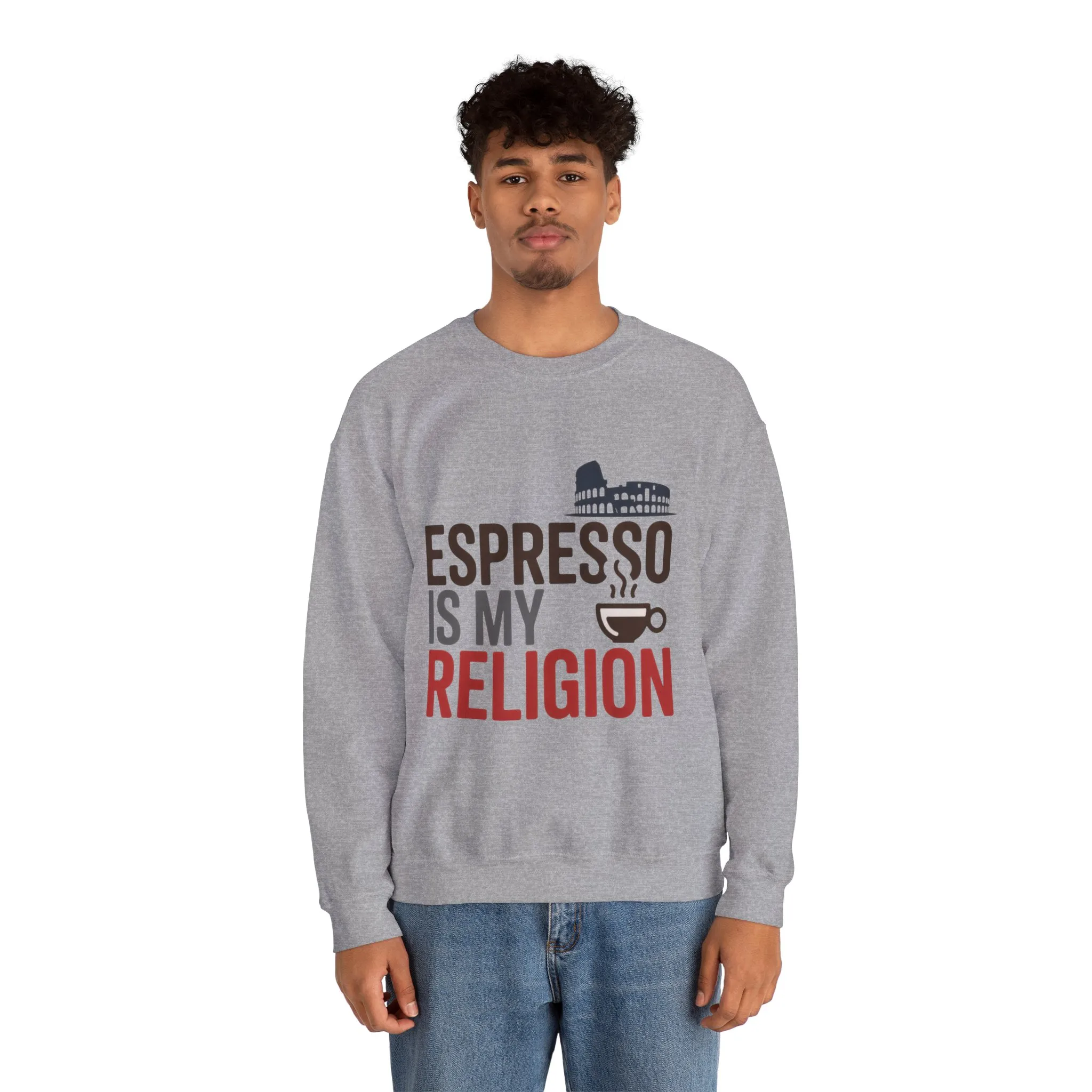 Mens Heavy Blend™ Crewneck Sweatshirt, Espresso Is My Religion Coffee Rome Mens Sweatshirt, Barista Gift, Coffee Lover Gift - Image 8