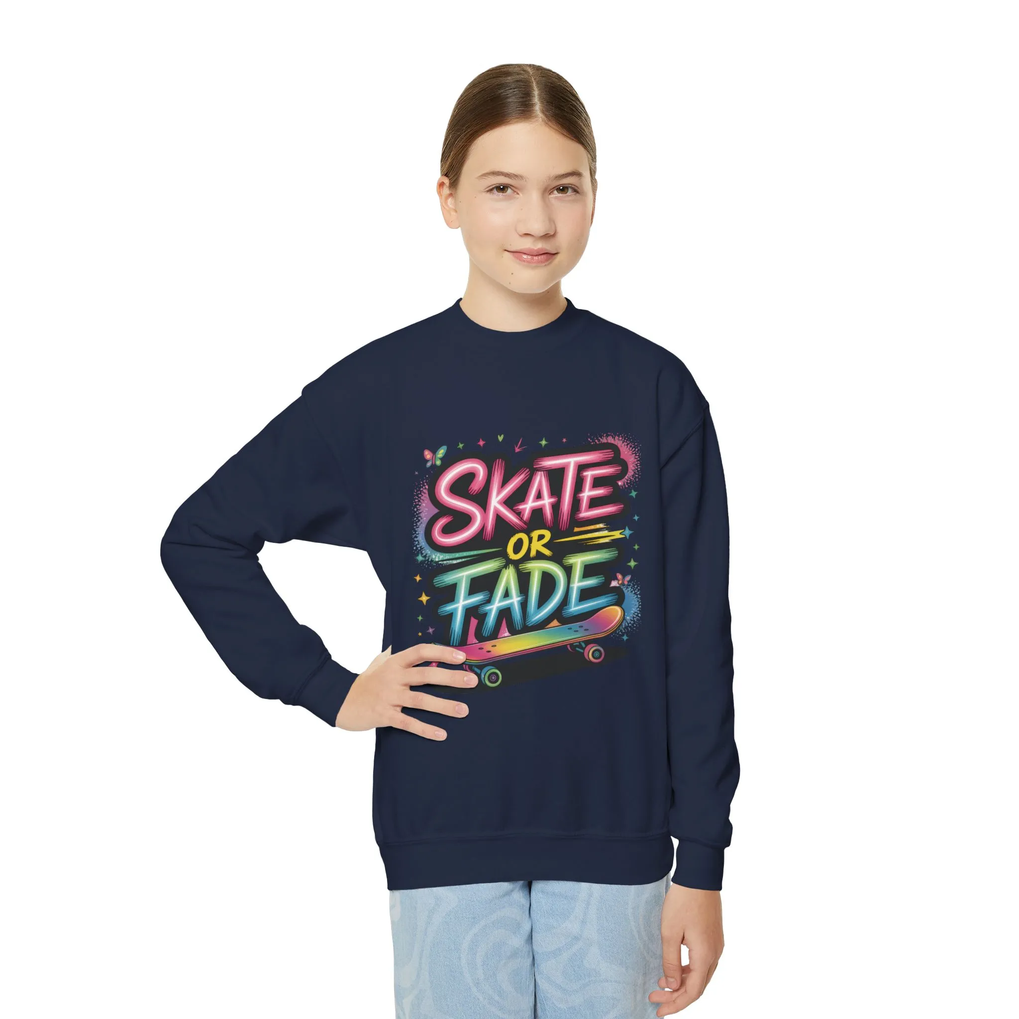 Youth Crewneck Sweatshirt, Skate Or Fade Girls Sweatshirt, Colorful Graffiti Skateboarding Crewneck Sweatshirt, Youth Streetwear Gift - Image 16