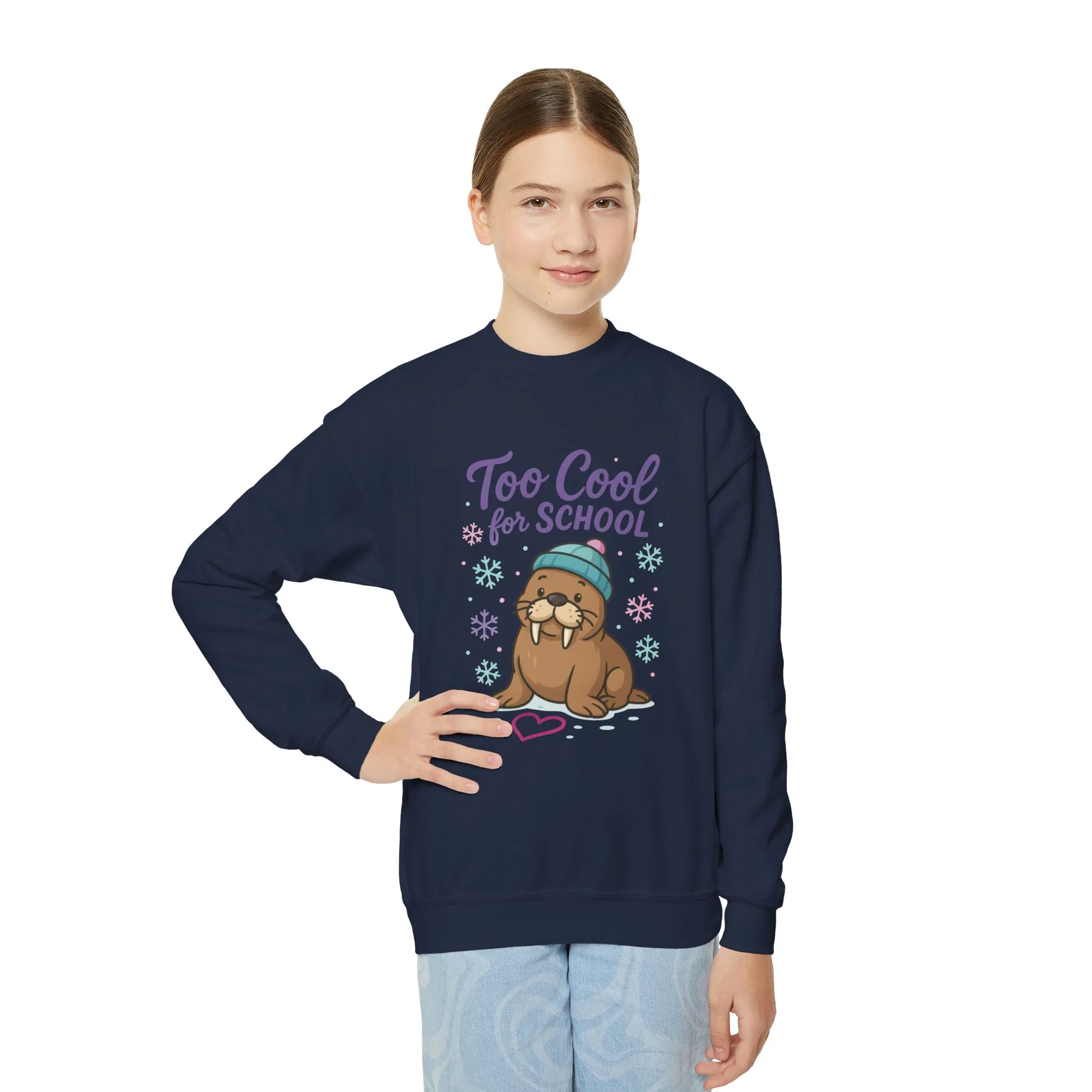 Youth Crewneck Sweatshirt, Kids Too Cool for School Walrus Sweatshirt, Funny Animal Pullover, Cute Winter Top - Image 20
