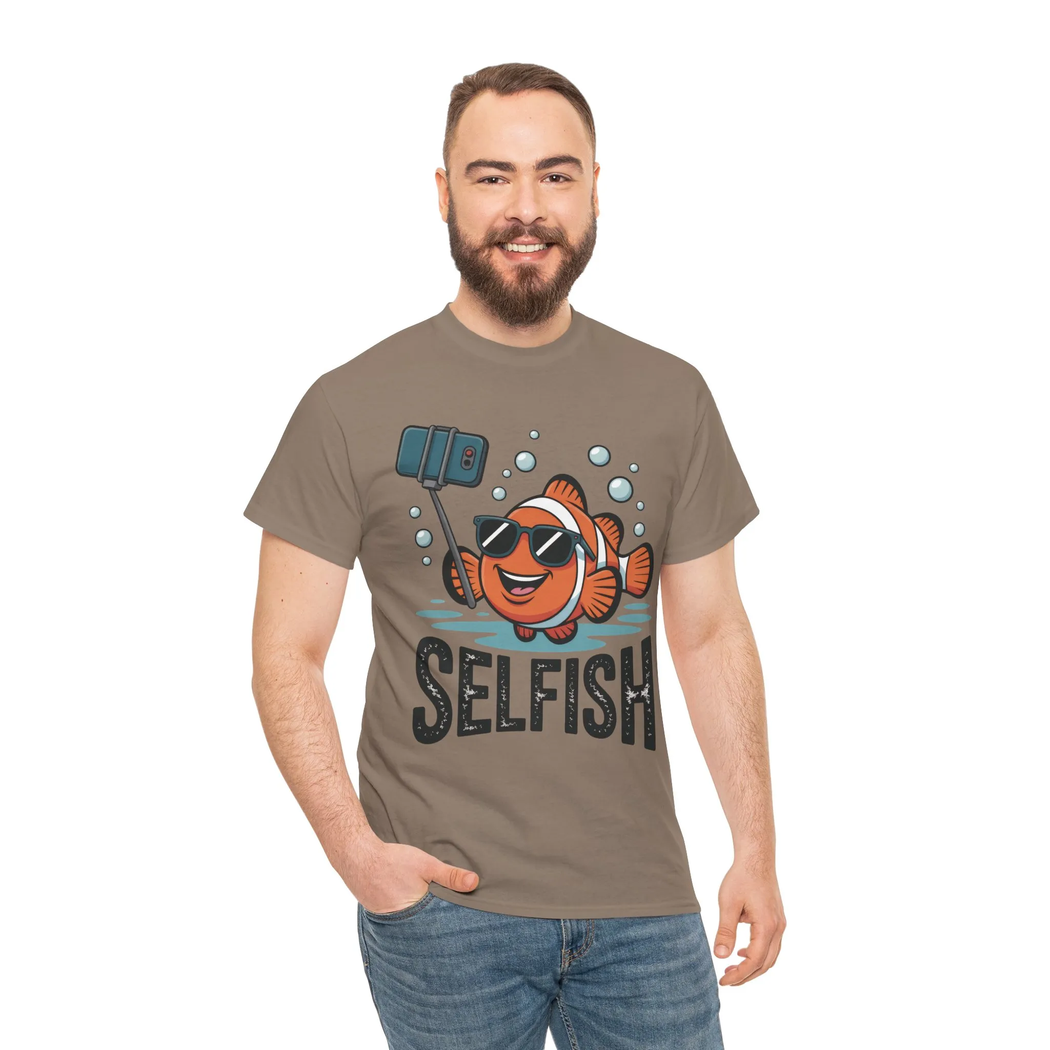 Unisex Heavy Cotton Tee, Mens Selfish Funny Fish T-Shirt, Cute Selfie Graphic Tee, Ocean Humor Shirt - Image 11