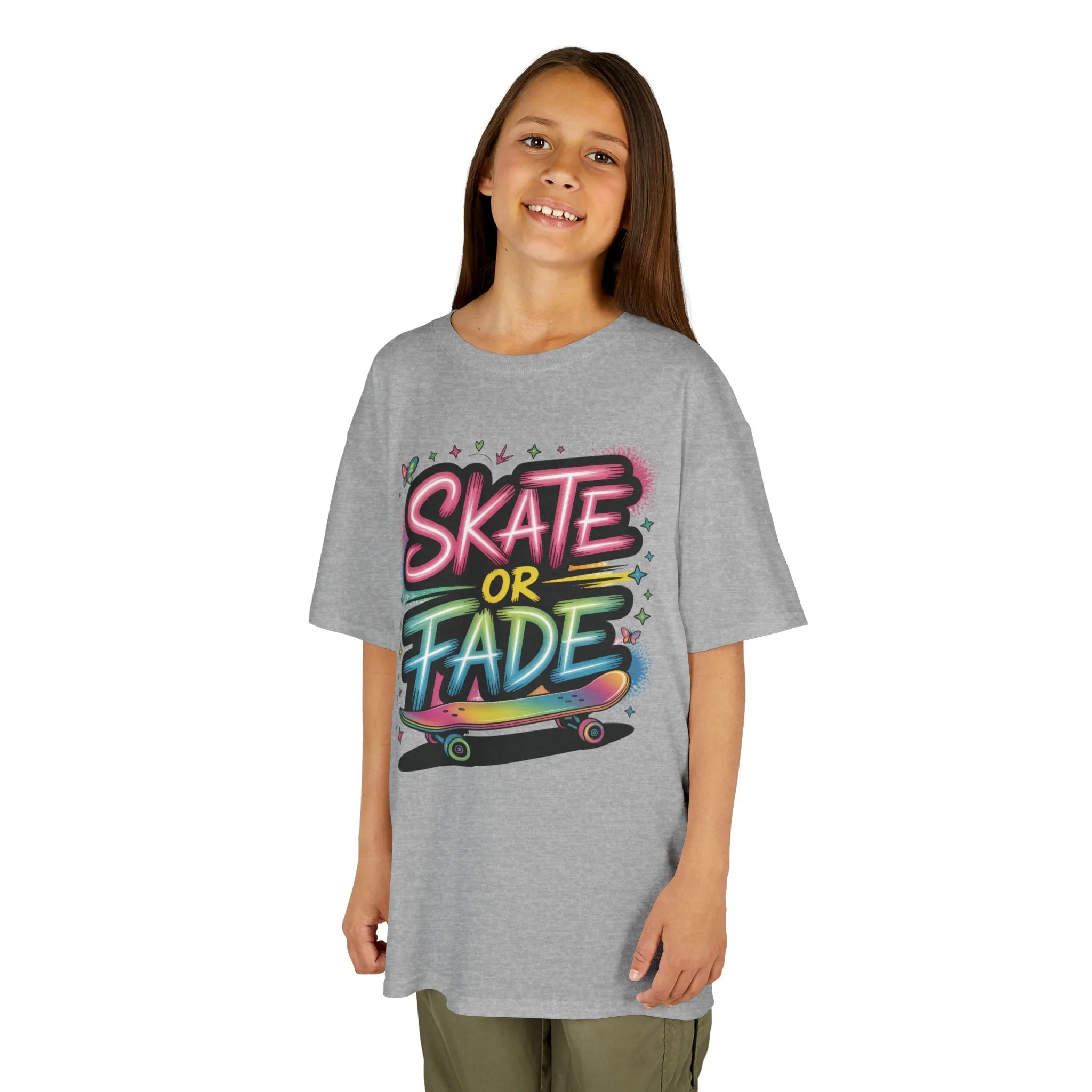 Skate Or Fade Girls Shirt, Colorful Graffiti Skateboarding Tee, Kids Heavy Cotton™ Tee - Image 7