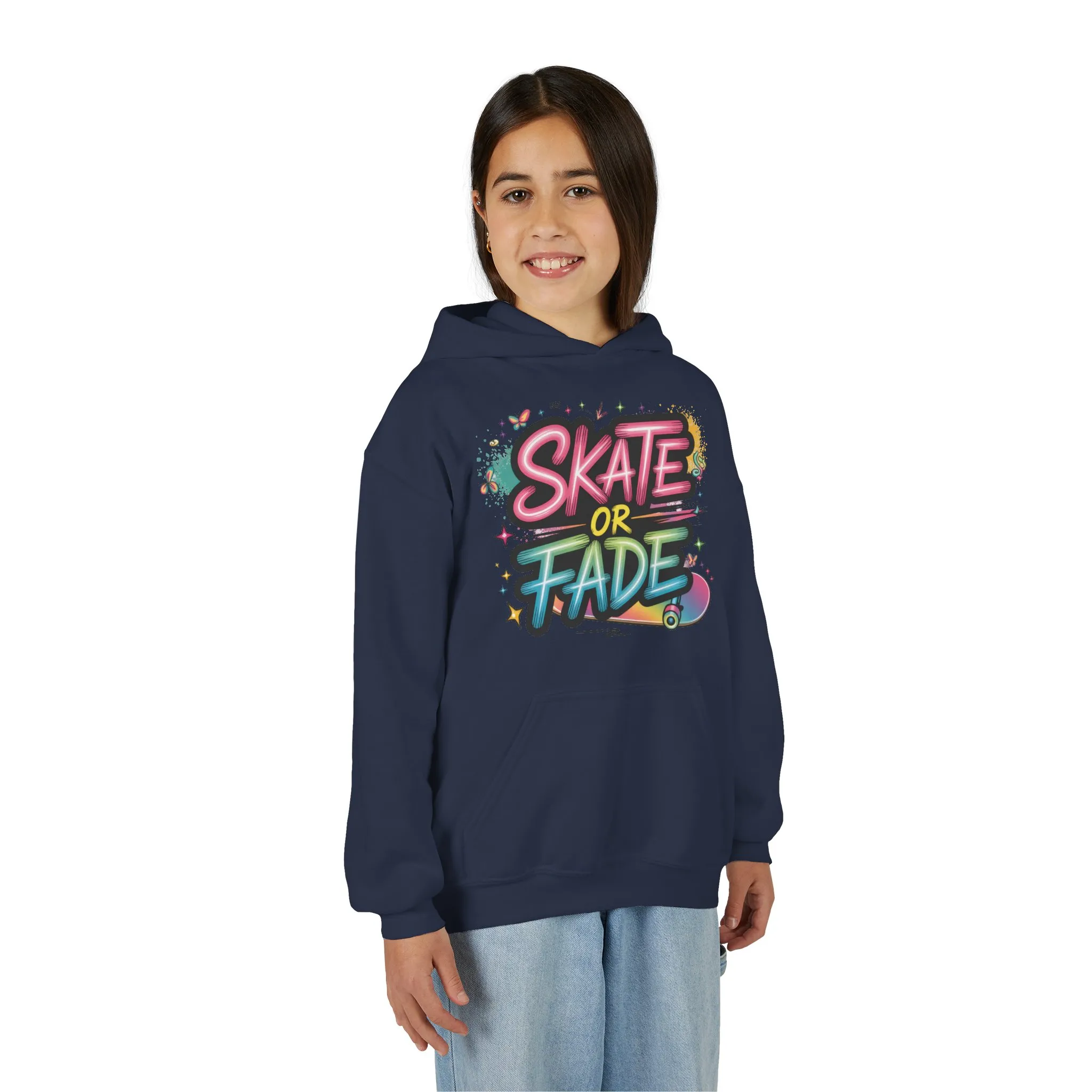 Youth Heavy Blend Hooded Sweatshirt, Skate Or Fade Girls Shirt, Colorful Graffiti Skateboarding Hoodie - Image 16