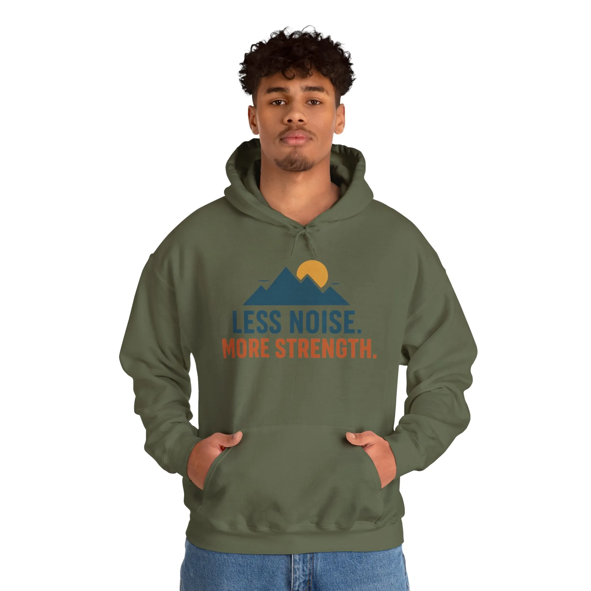 Men’s Less Noise More Strength Hoodie, Motivational Mountain Graphic Pullover, Mens Heavy Blend™ Hooded Sweatshirt - Image 11