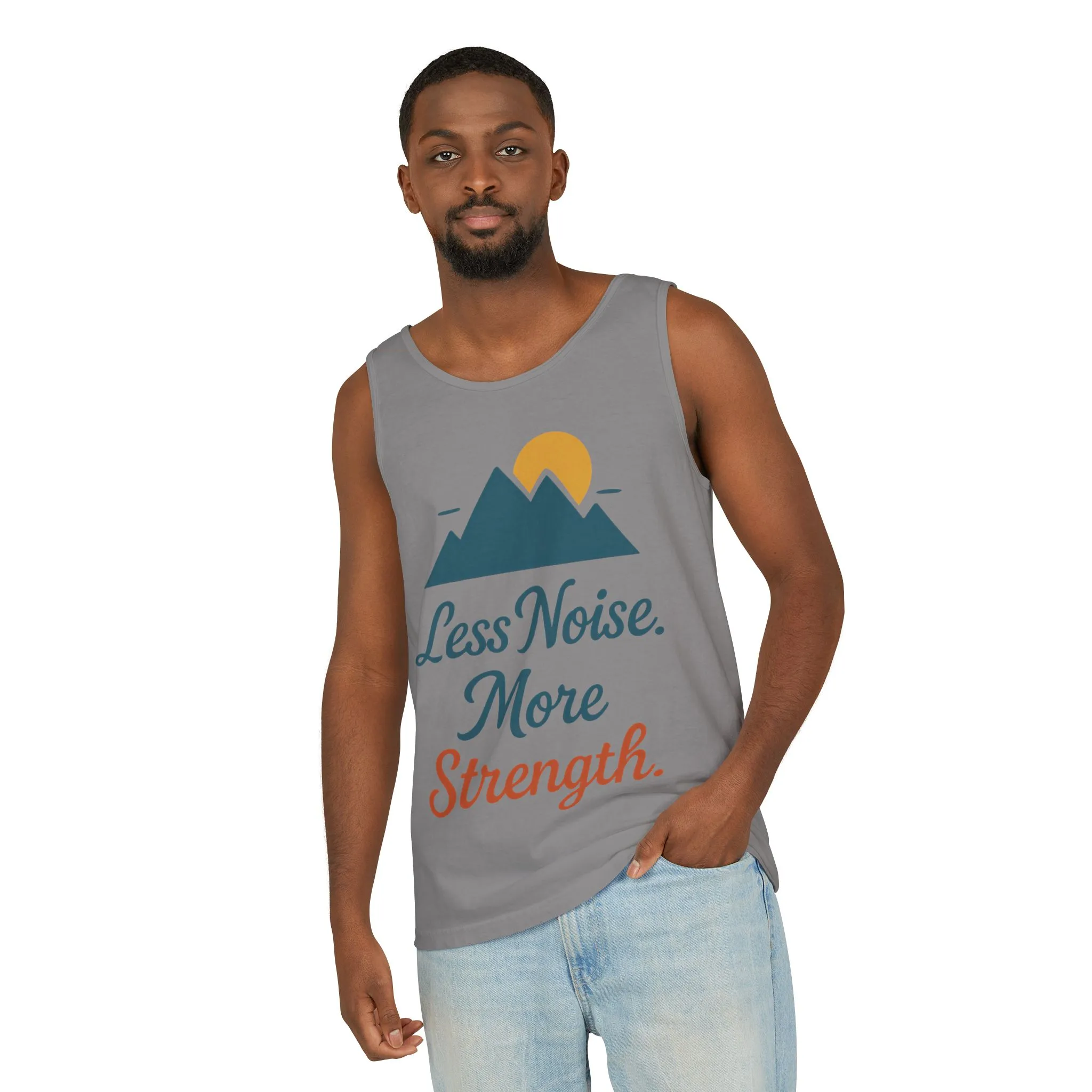 Mens Garment-Dyed Tank Top, Mens Less Noise More Strength Tank Top, Minimal Mountain Fitness Graphic Shirt - Image 8
