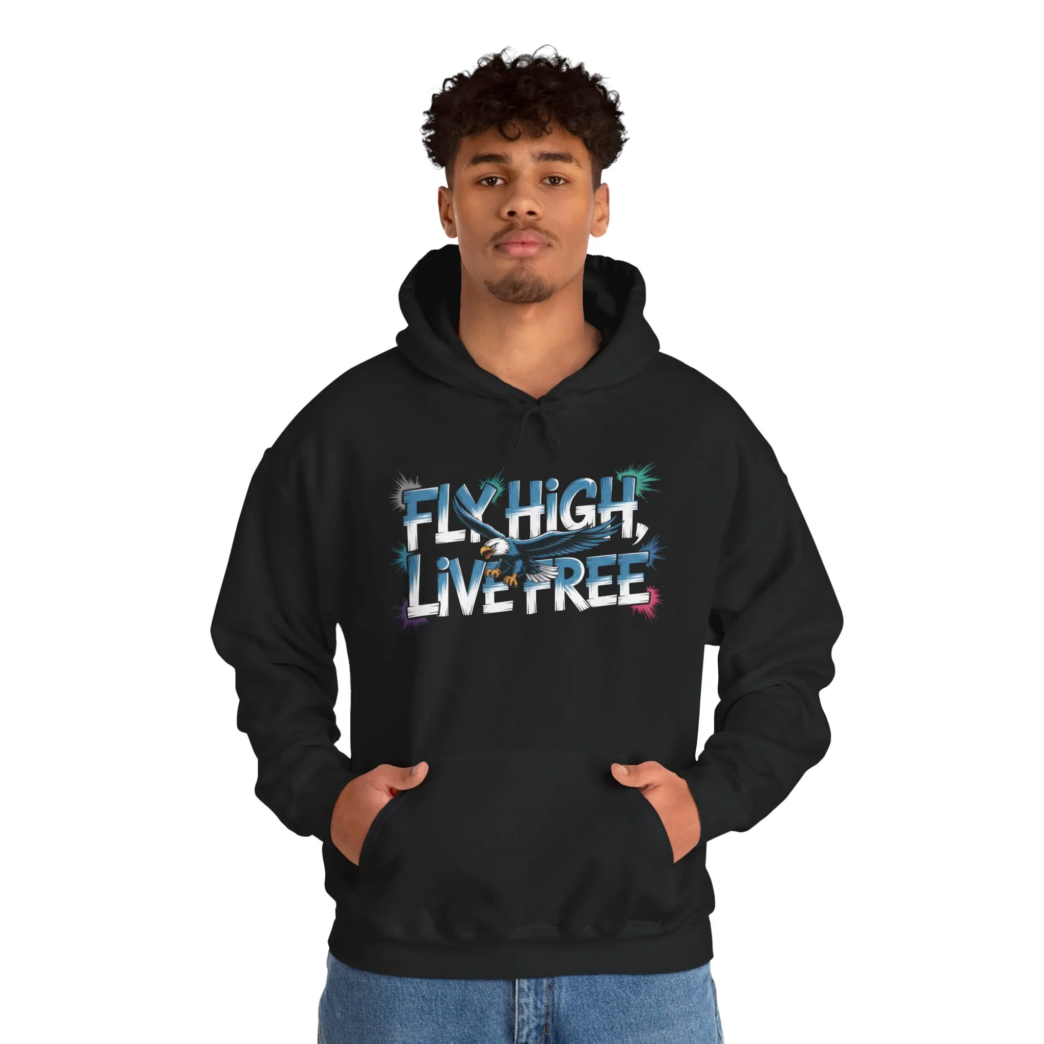 Mens Heavy Blend™ Hooded Sweatshirt, Fly High Live Free Eagle Mens Hoodie Streetwear - Image 7