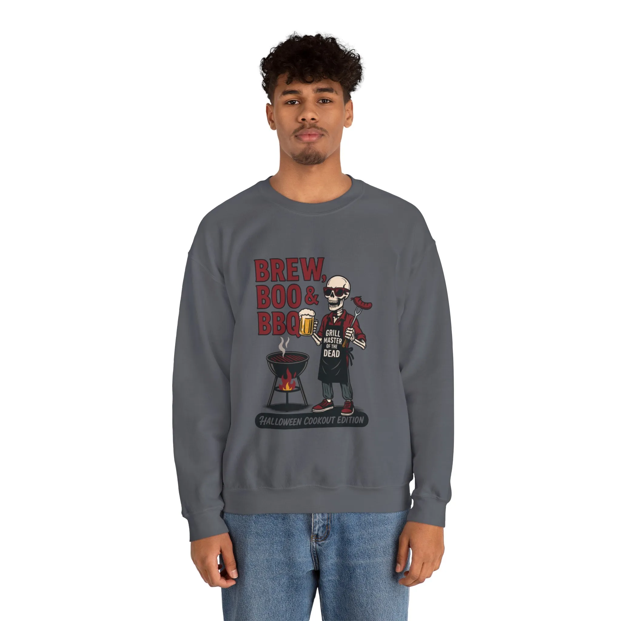 Halloween BBQ Men's Sweatshirt, Brew Boo & BBQ Skeleton Grill Master, Spooky Dad Gift, Skeleton Dad Sweat, Grill Master Crew - Image 17