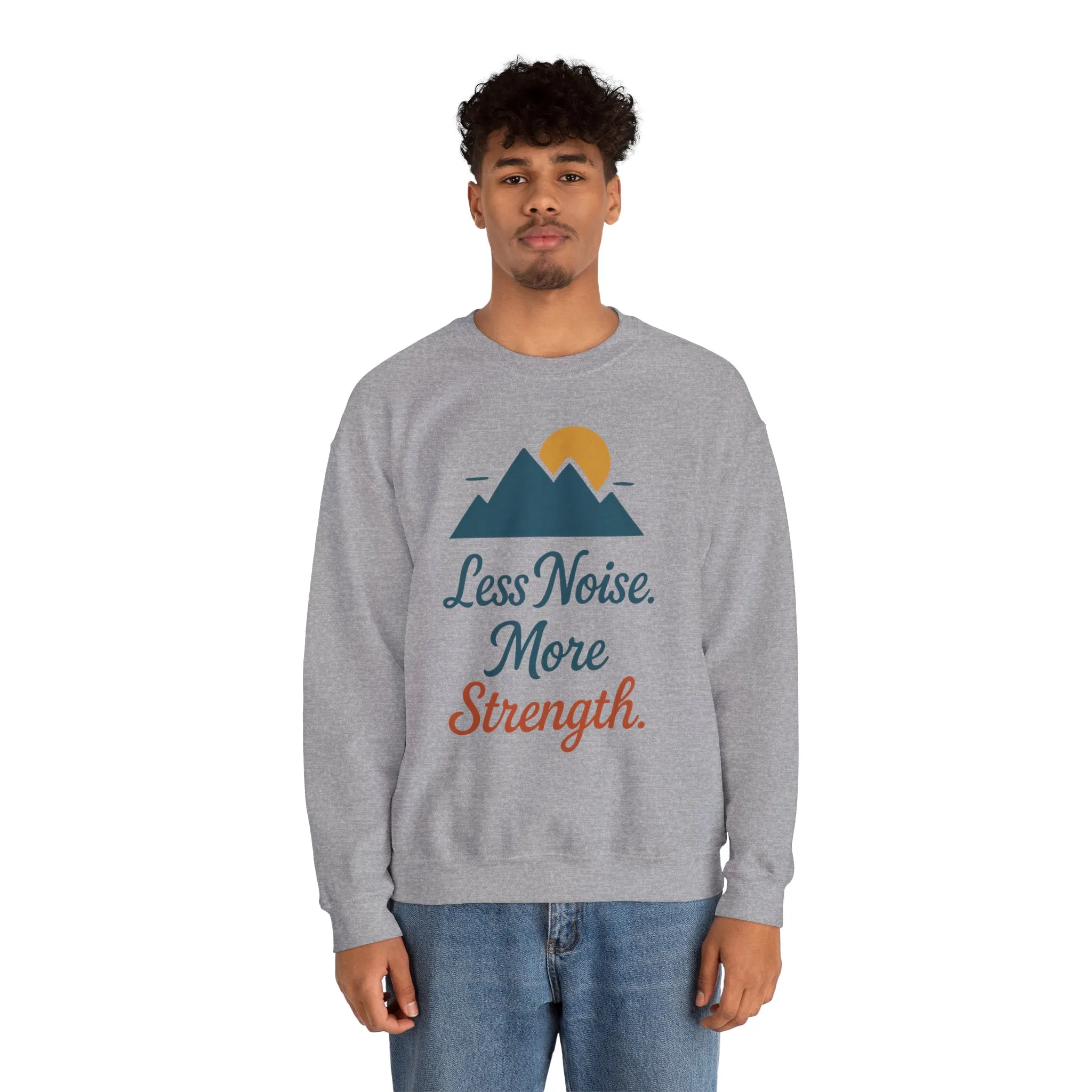Mens Less Noise More Strength Sweatshirt, Motivational Mountain Pullover Top, Mens Heavy Blend™ Crewneck Sweatshirt - Image 8