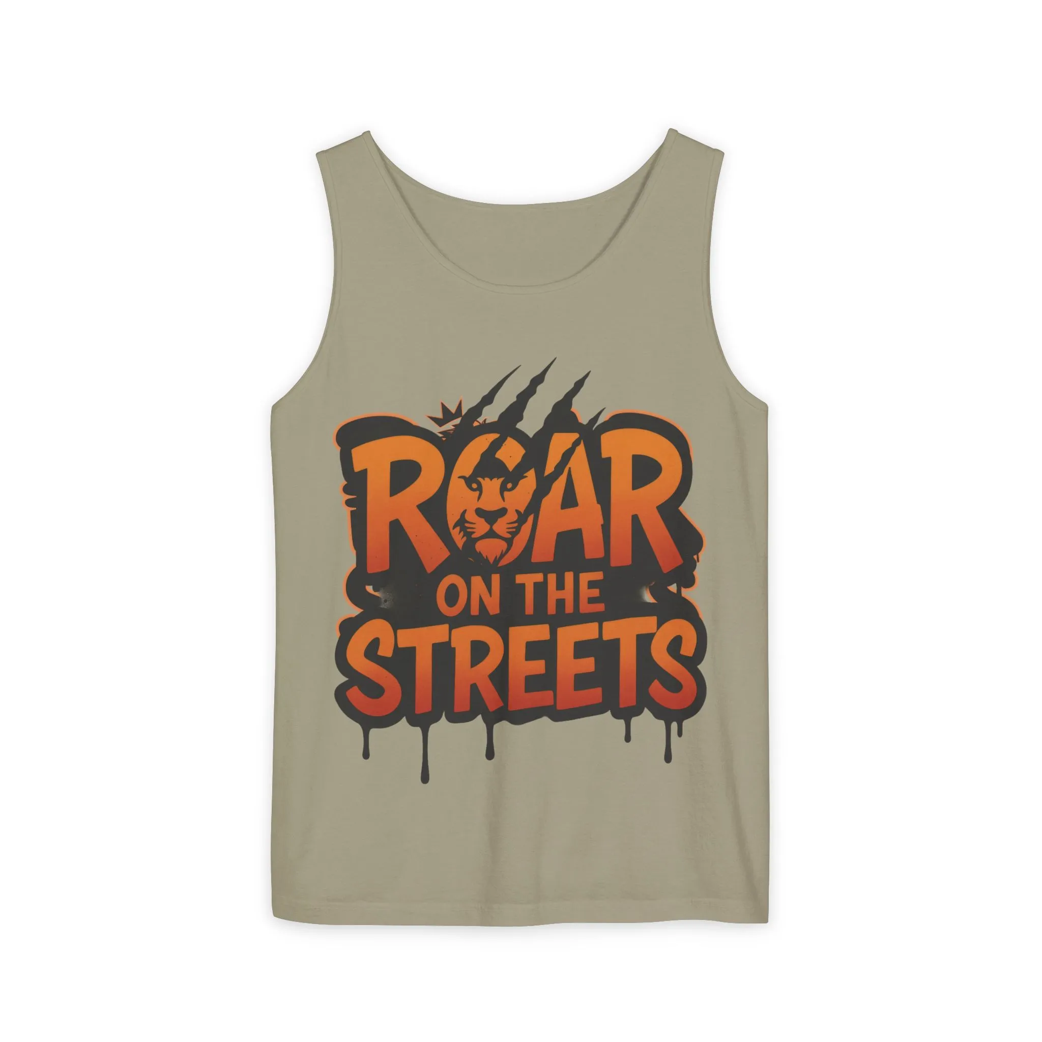 Mens Garment-Dyed Tank Top, Roar on the Streets Lion Graphic Mens Tank Top - Image 3