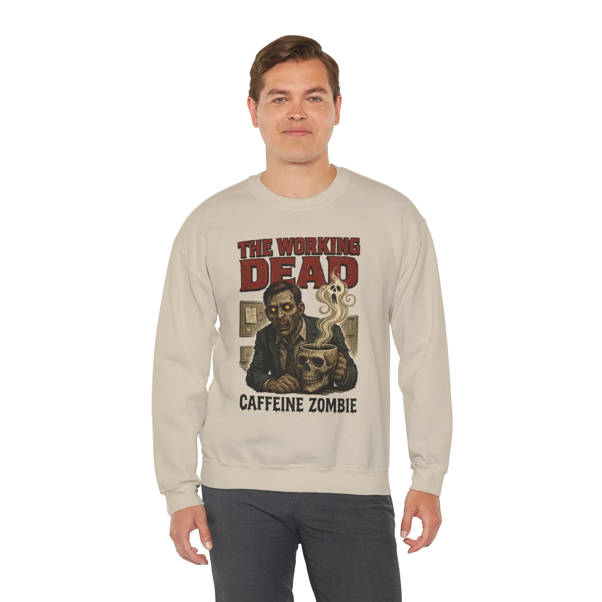 The Working Dead Men's Funny Zombie Sweatshirt, Office Humor Crewneck, Halloween Zombie Top, Coffee Zombie Sweatshirt - Image 6